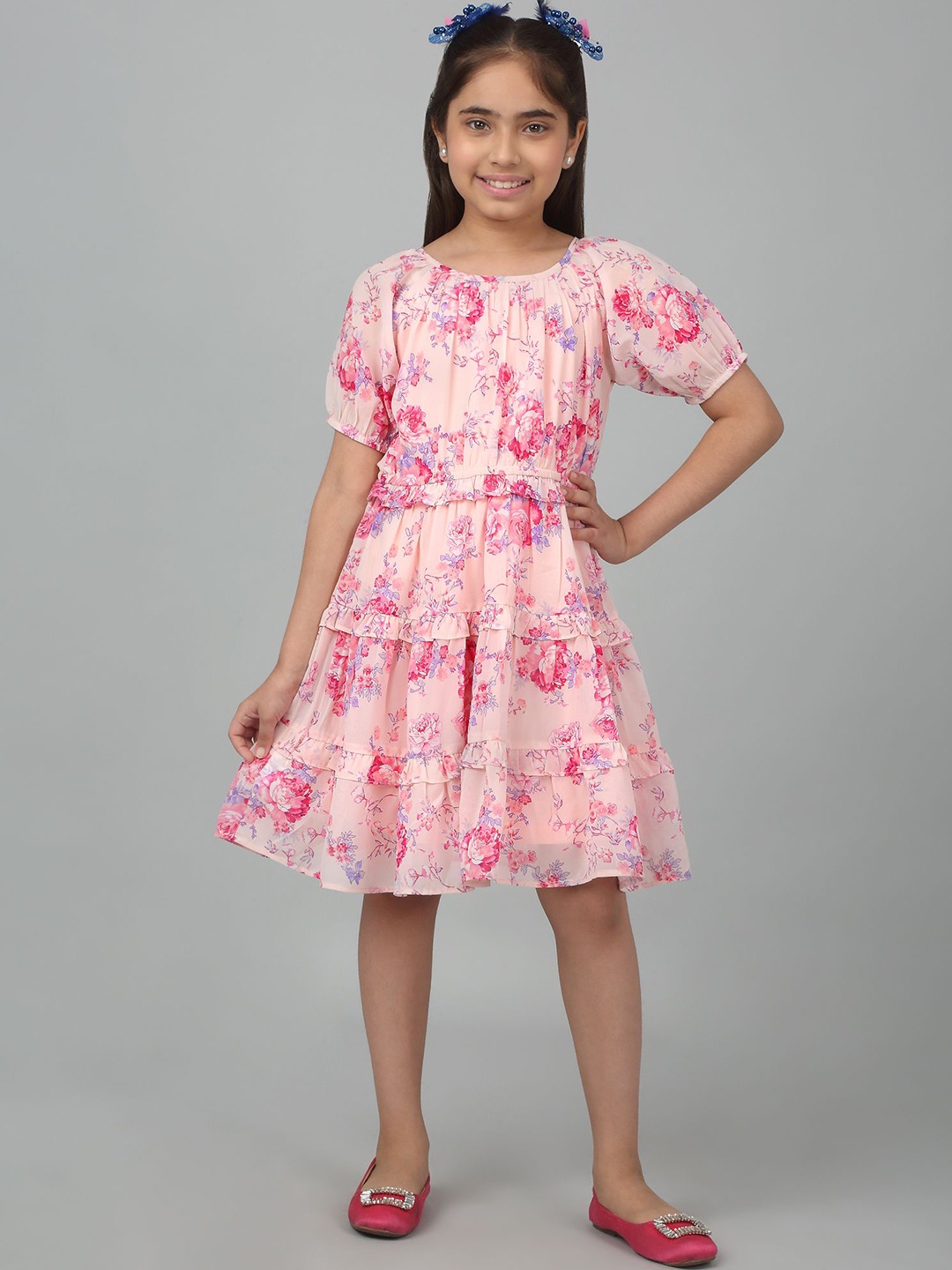 

Cantabil Girls Georgette Floral Printed Round Neck Tiered Fit & Flare Dress, Pink