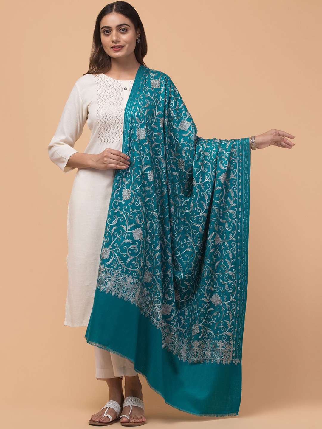 

Tweedle Floral Embroidered Shawl, Turquoise blue