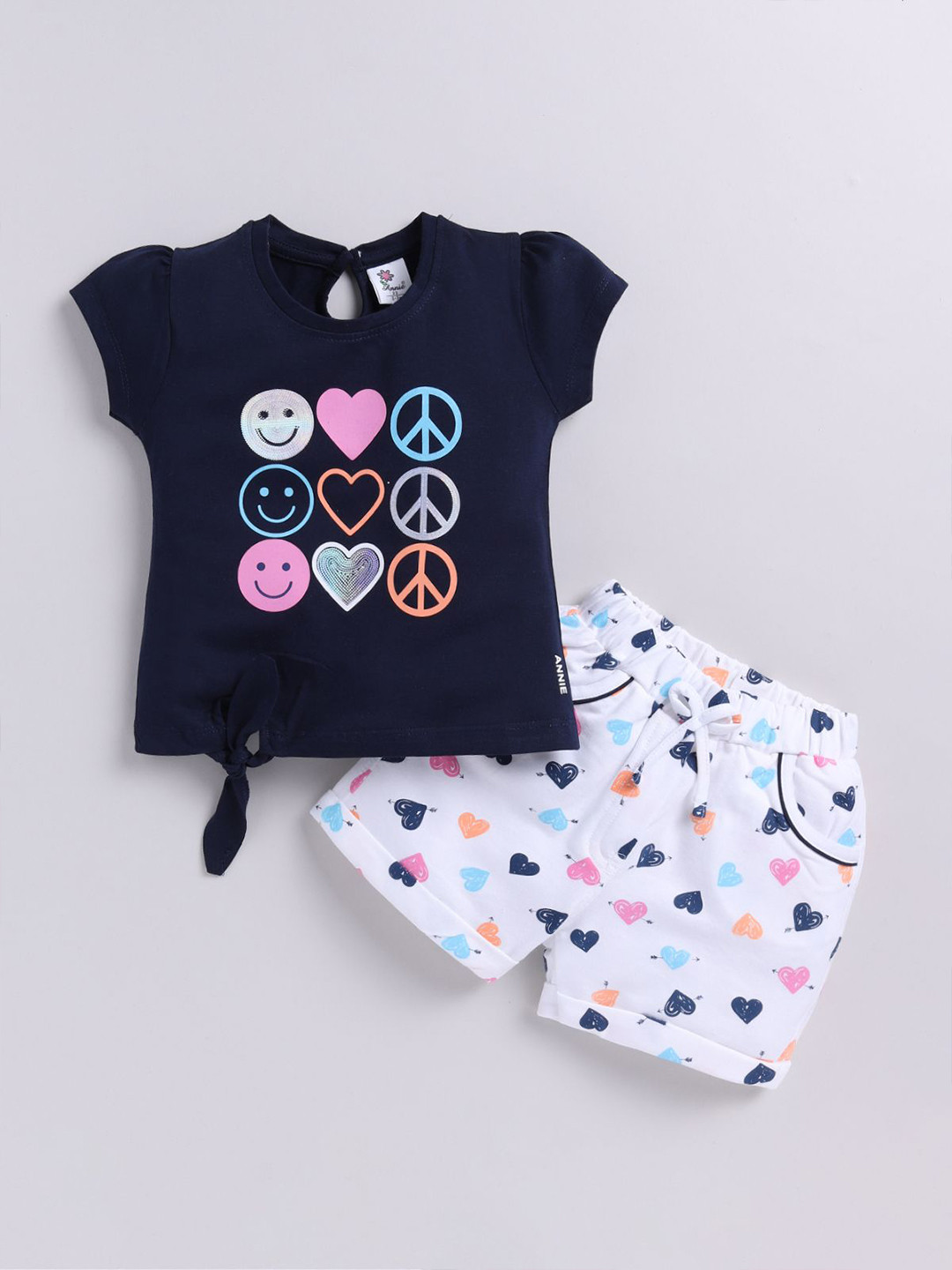 

Annie Girls Printed Round Neck Pure Cotton Top With Shorts, Blue