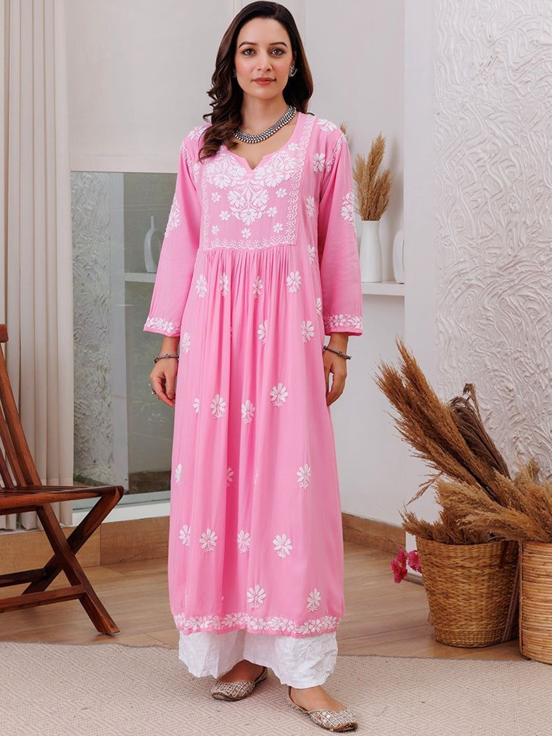 

Rangreza Ethnic Floral Embroidered Chikankari Cotton Pleated A-Line Kurta, Pink