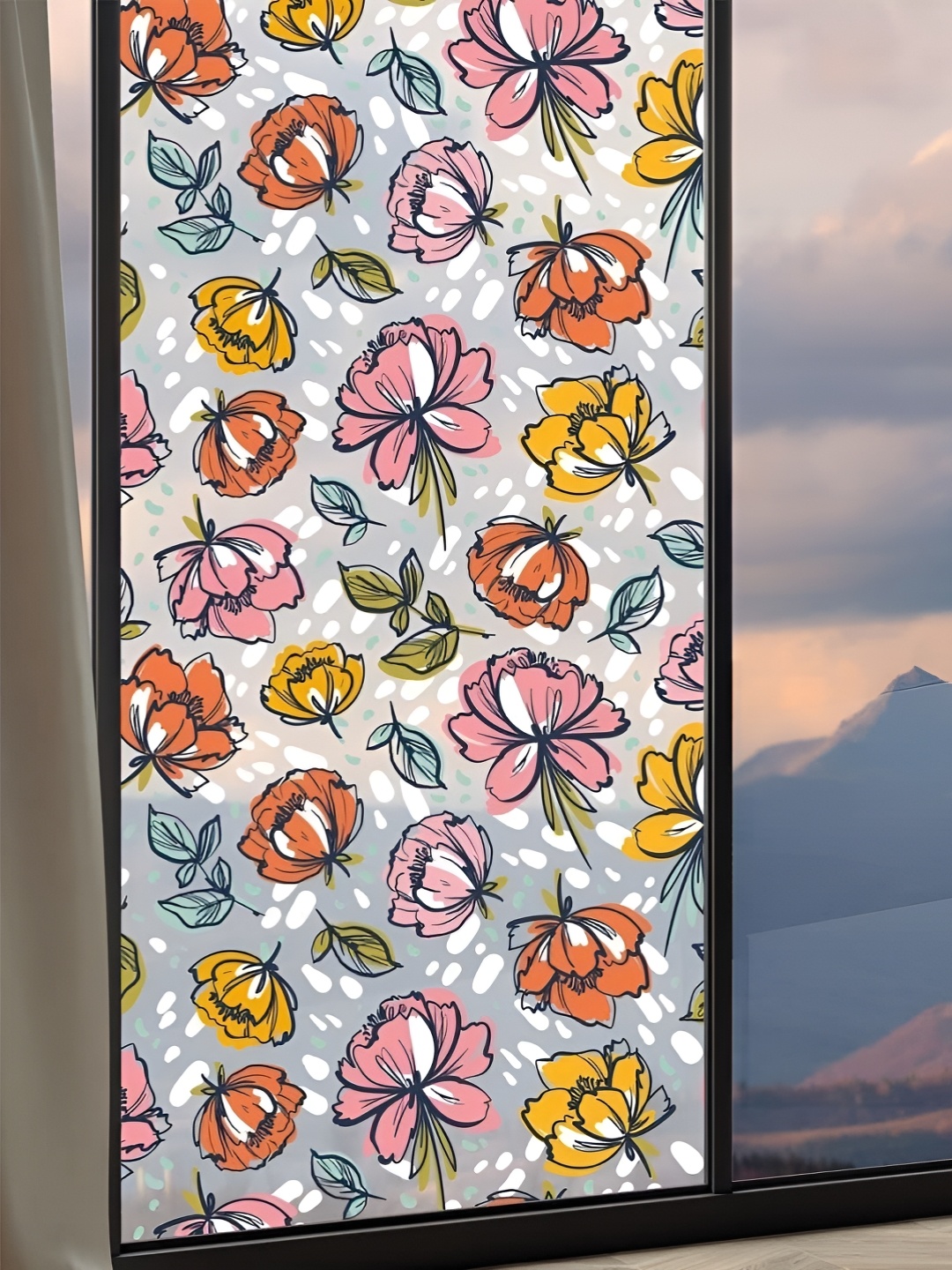 

CVANU Pink & Yellow Printed Floral Printed Window Wall Sticker