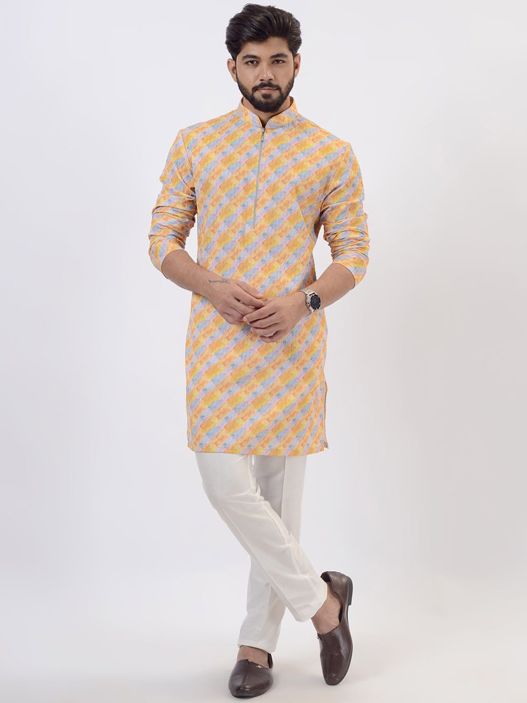 

azania Striped Mandarin Collar Straight Kurta With Trousers, Yellow