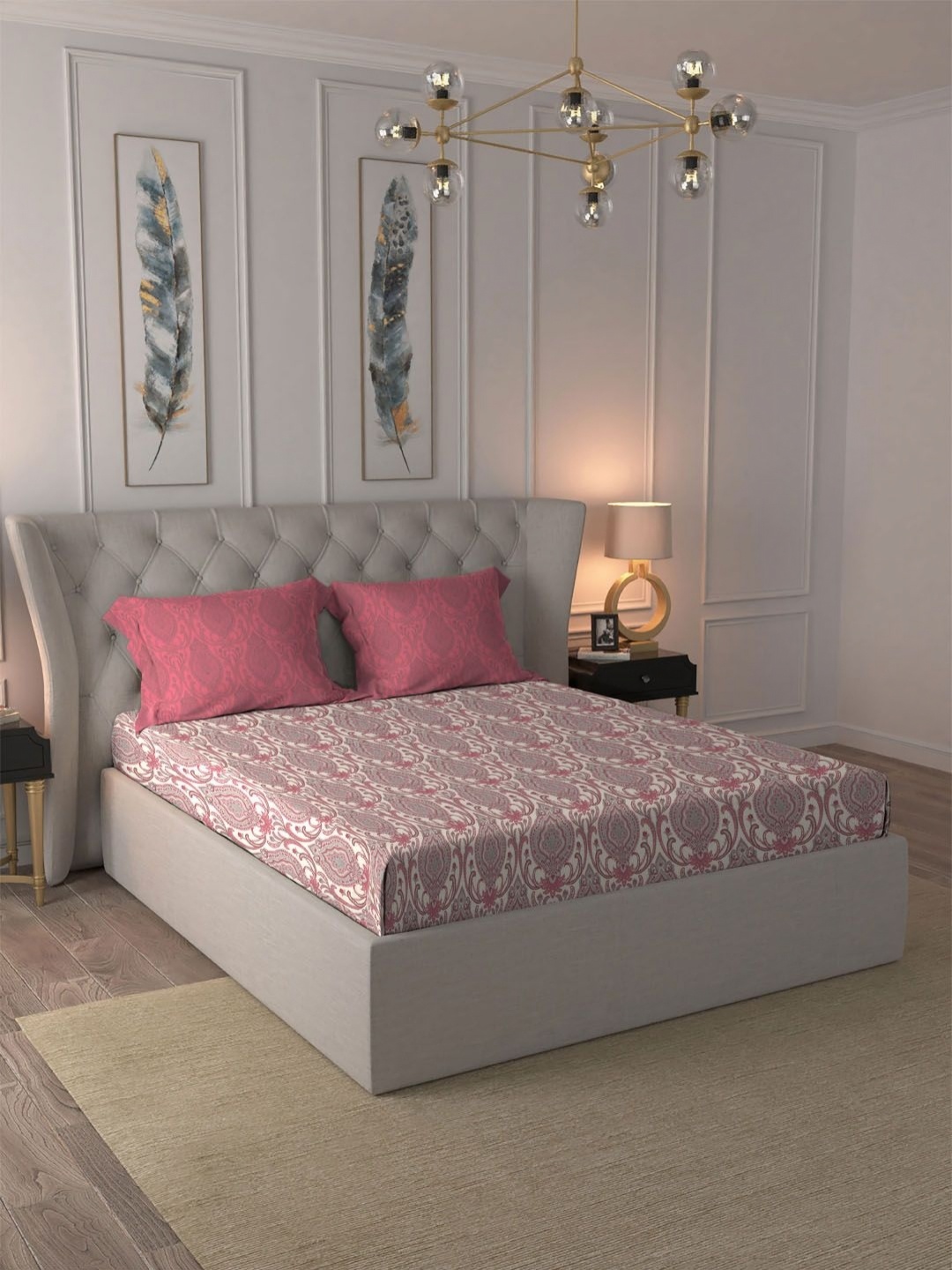 

MYTRIDENT Ornate Red Dusk & Dawn Flat 144TC Queen Cotton Bedsheet Set, Pink
