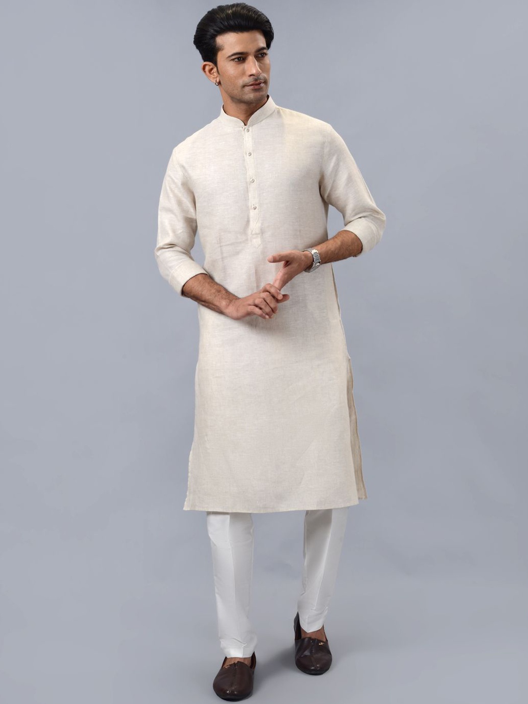 

azania Woven Design Mandarin Collar Cuffed Sleeves Straight Kurta, Grey