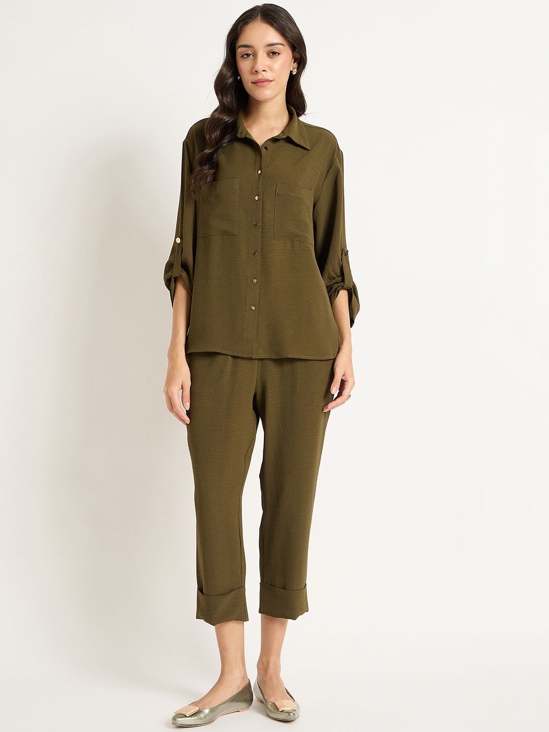 

FEMMELLA Long Sleeves Shirt With Trousers, Olive