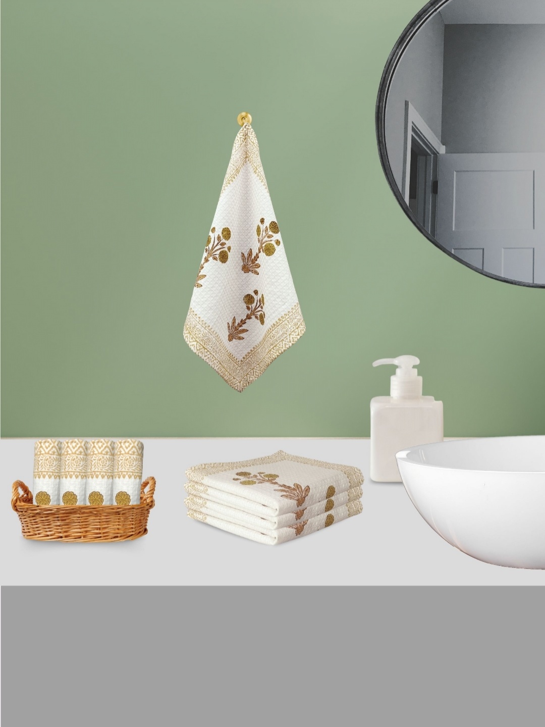 

LIVING ROOTS White 8 Pieces Block Printed 400 GSM Waffle Cotton Soft & Absorbent Towel Set