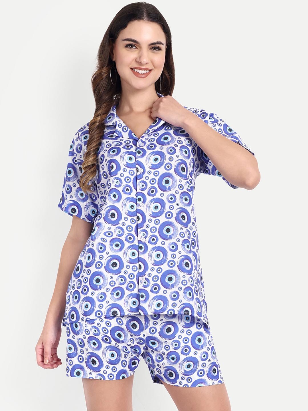 

TILISM Geometric Printed Pure Cotton Shirt With Shorts, Blue