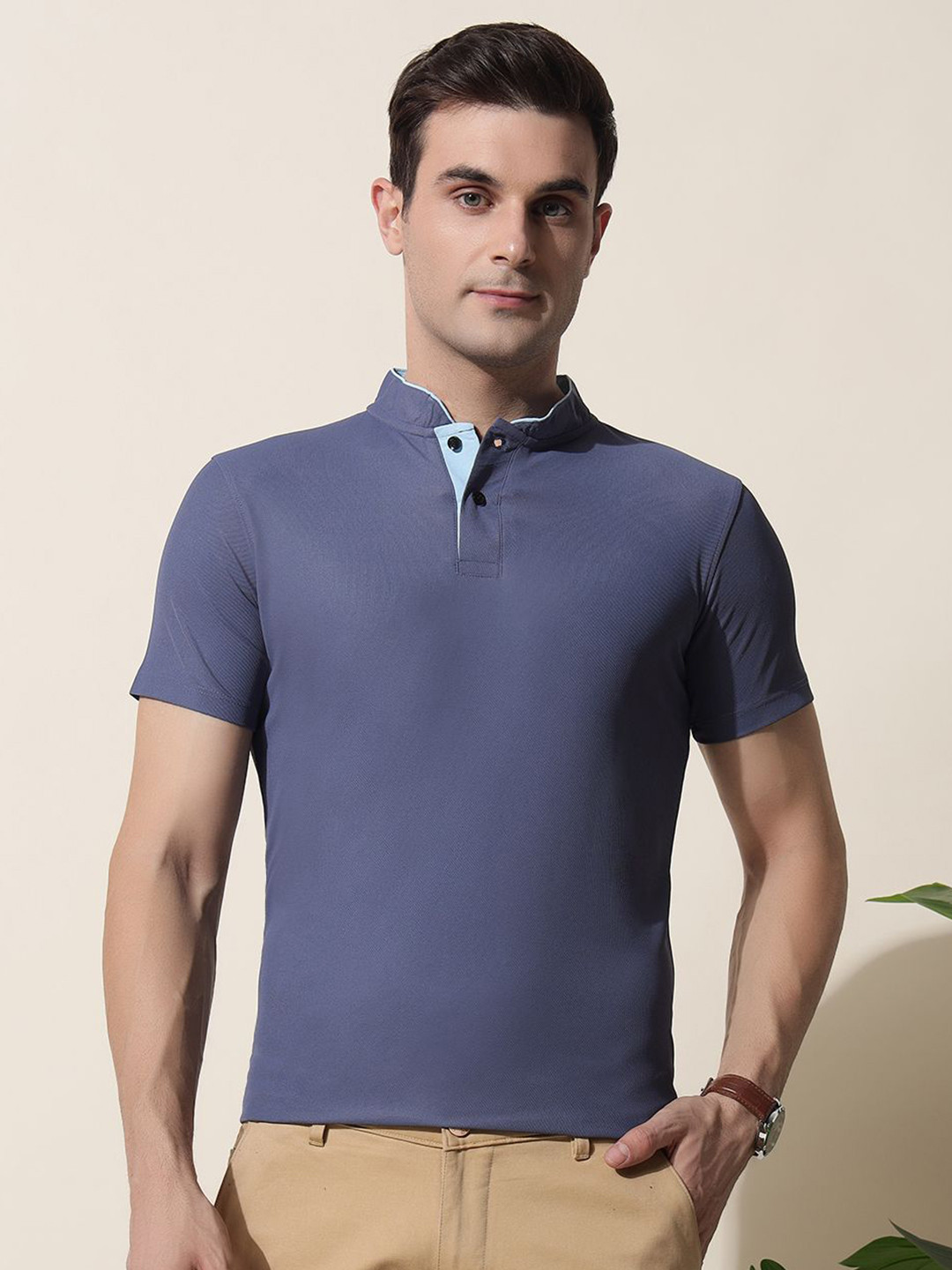 

MUWIN Men Mandarin Collar Pockets T-shirt, Blue