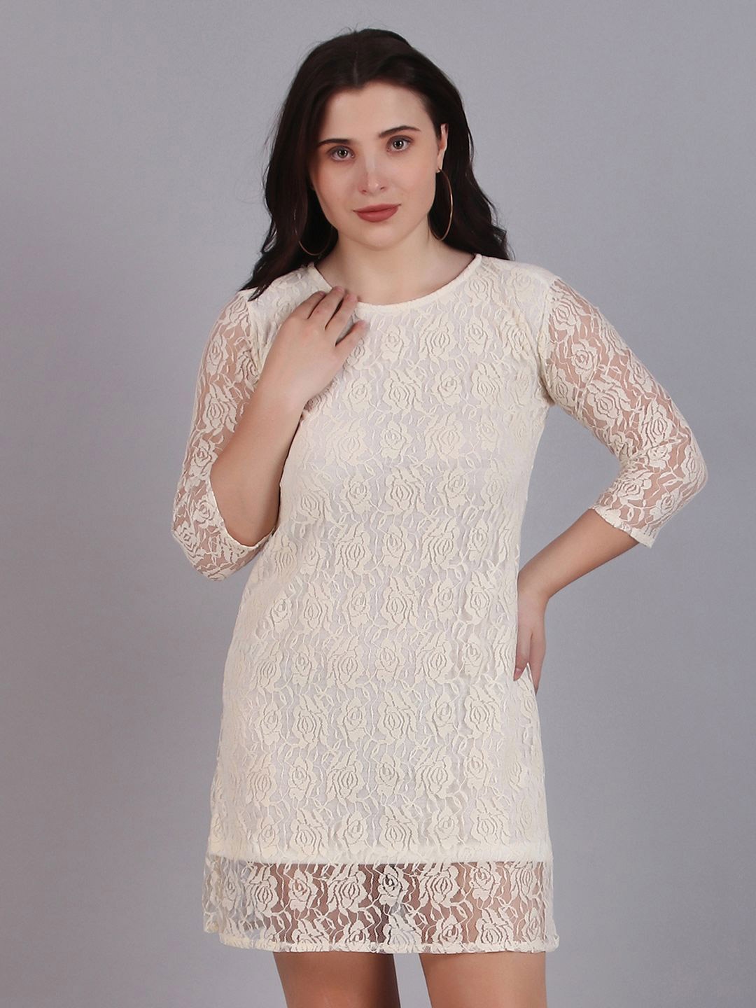 

Dressitude Women Floral Self Design Sheath Midi Dress, Cream