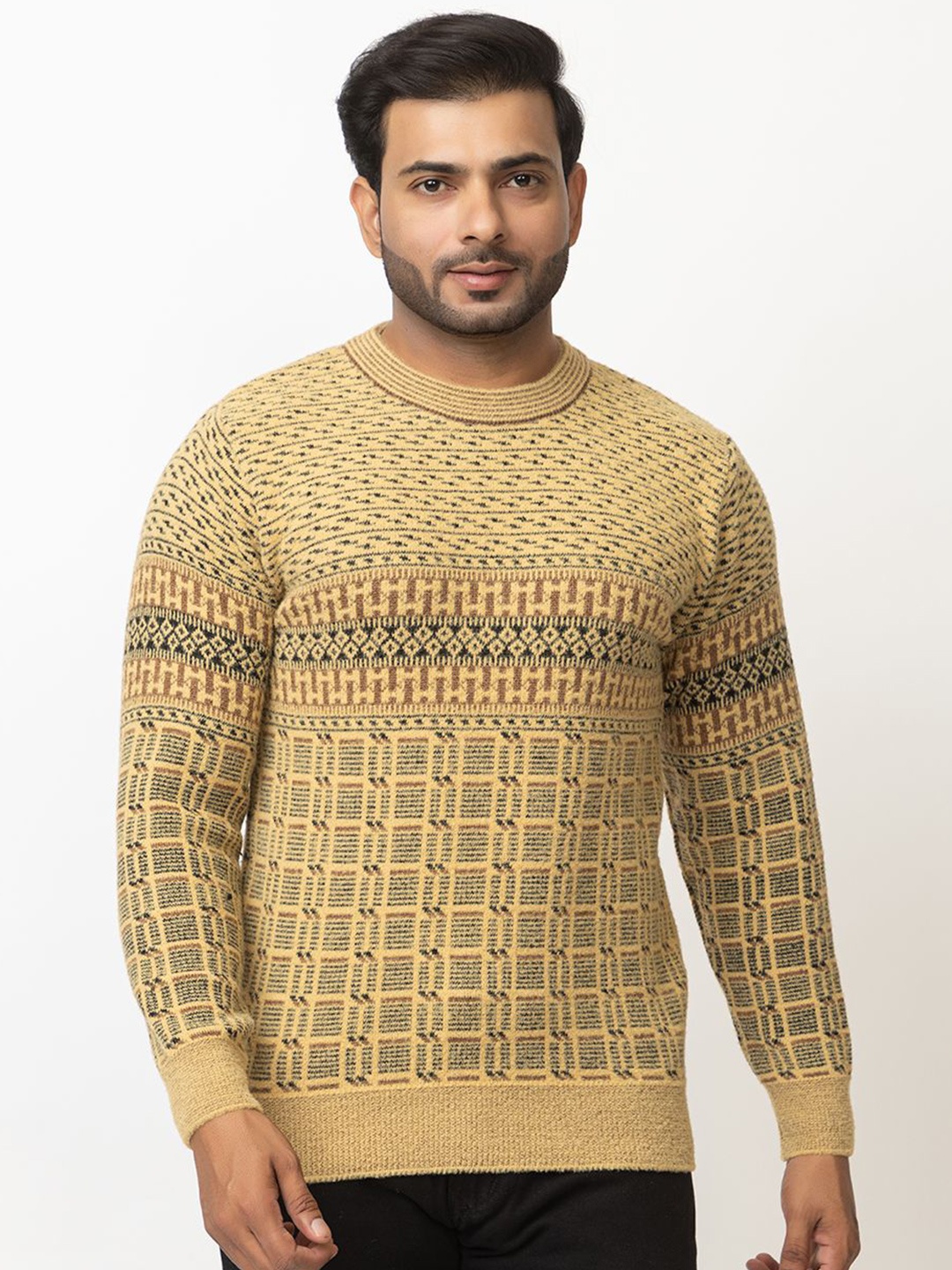 

LO G LO Men Round Neck Self Design Pullover, Beige