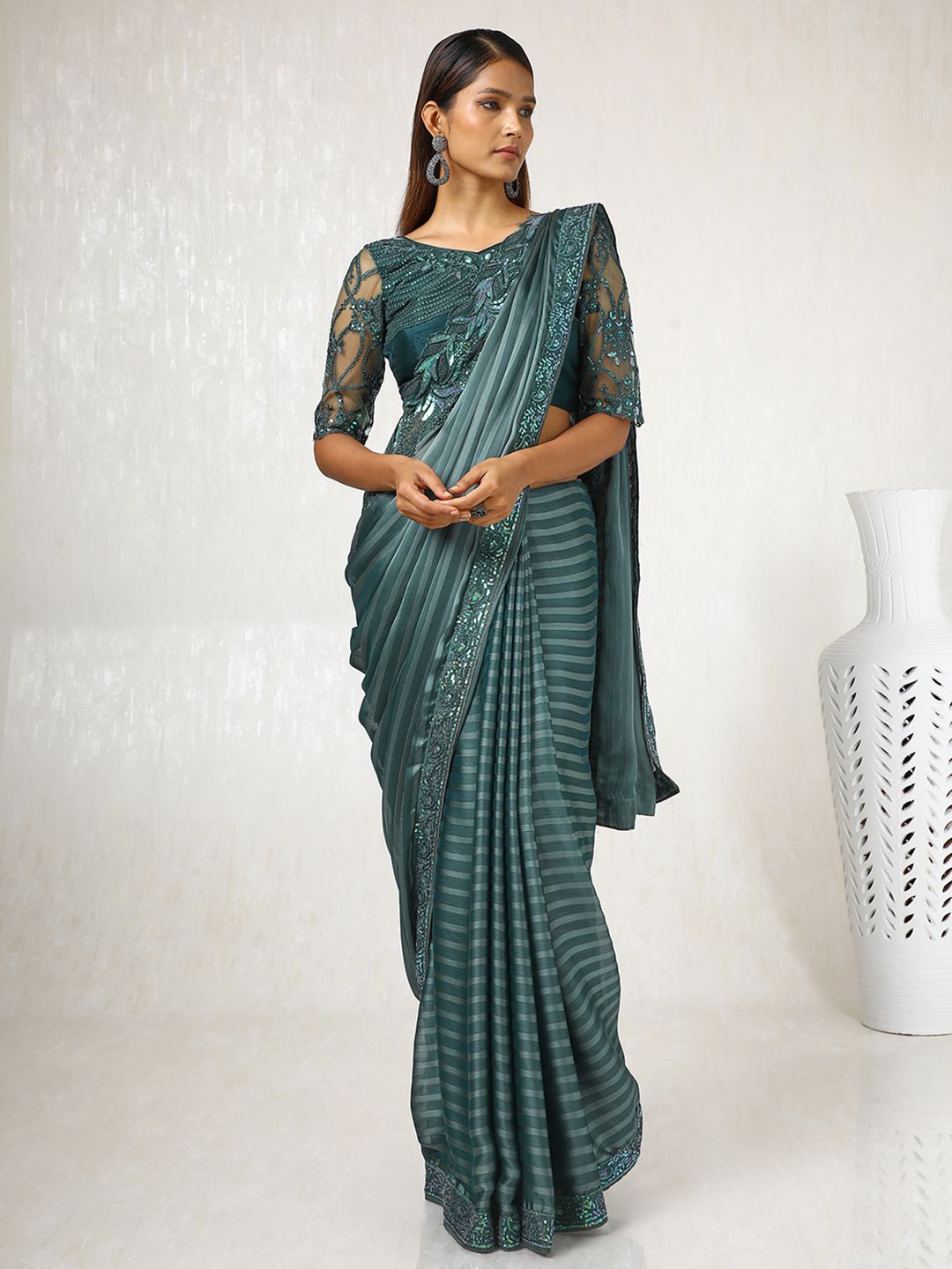 

Soch Striped Sequinned Pure Georgette Saree, Teal