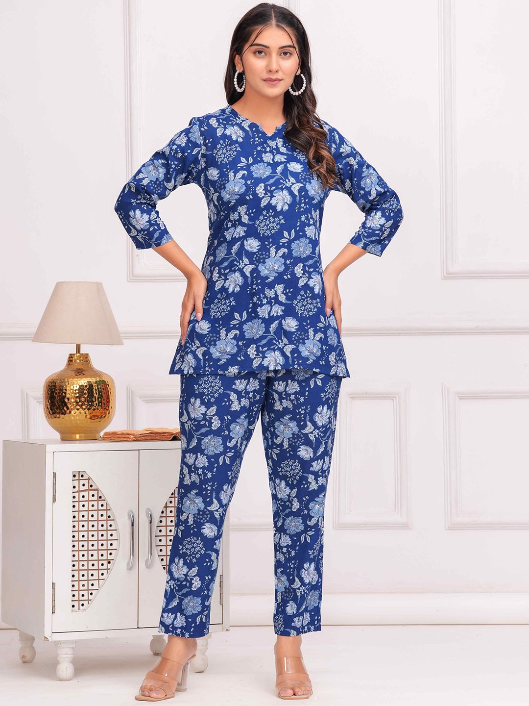 

TANISHA Floral Printed V-Neck Tunic & Trouser, Blue