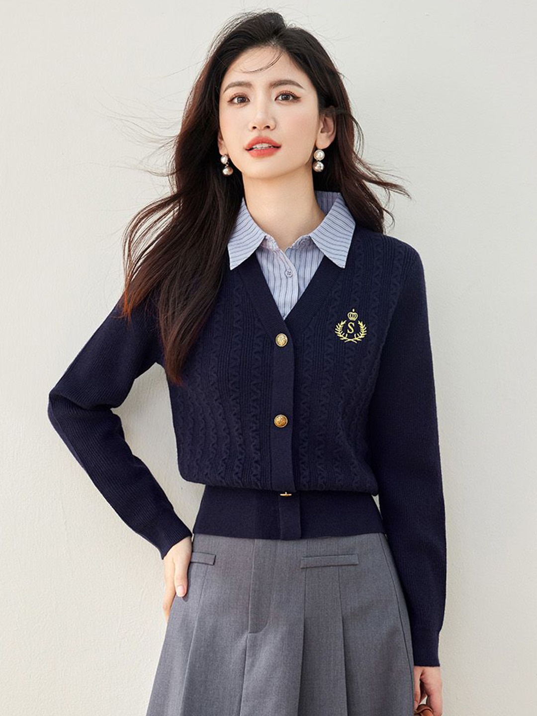 

JC Collection Women Cable Knit V-Neck Long Sleeves Cardigan, Navy blue