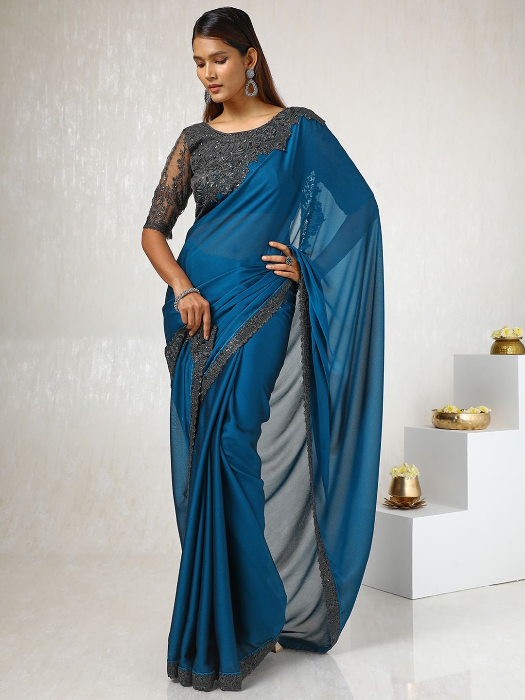 

Soch Embellished Sequinned Pure Georgette Saree, Teal