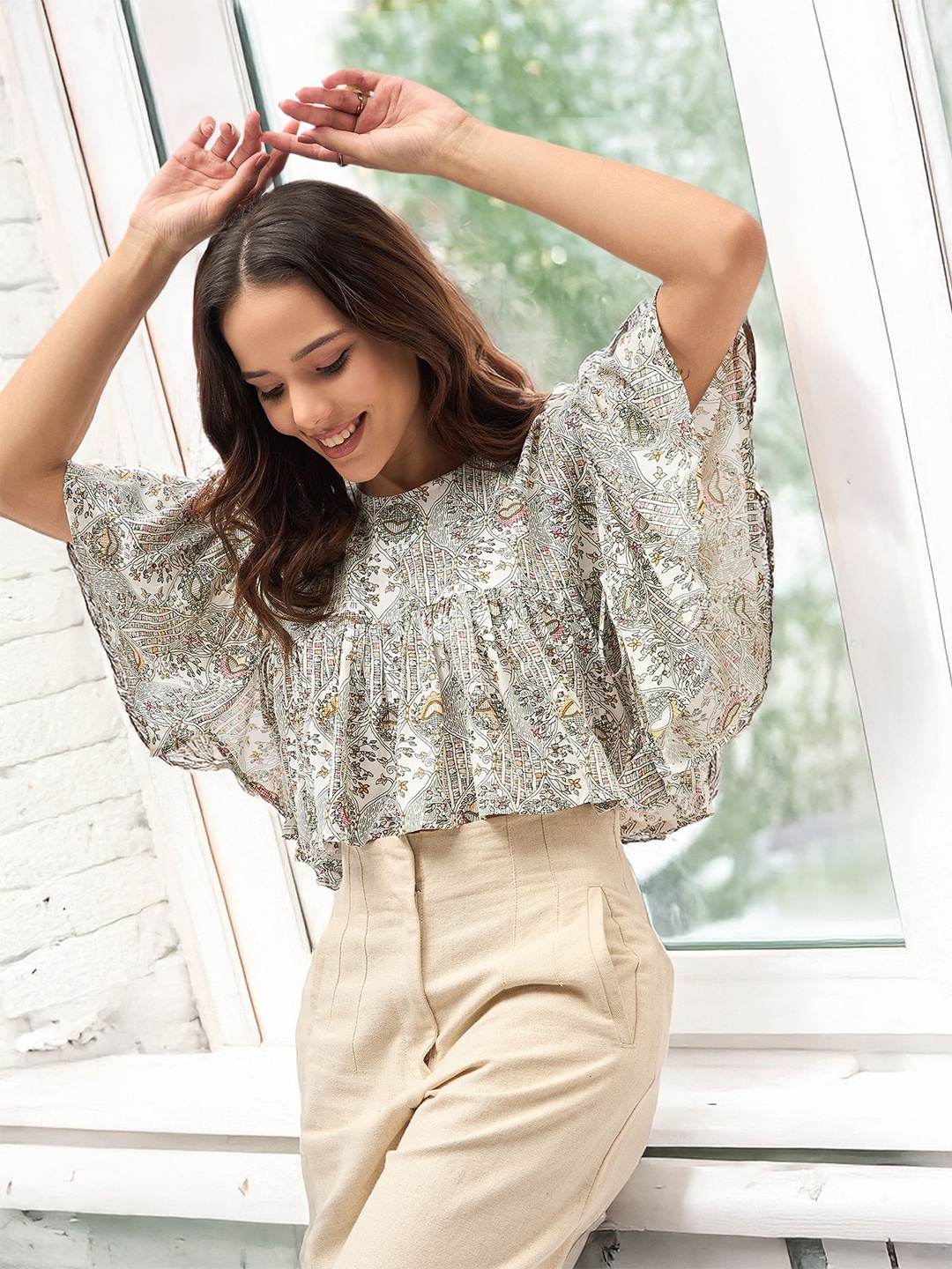 

DressBerry Floral Printed Flutter Sleeve Kaftan Crop Top, White