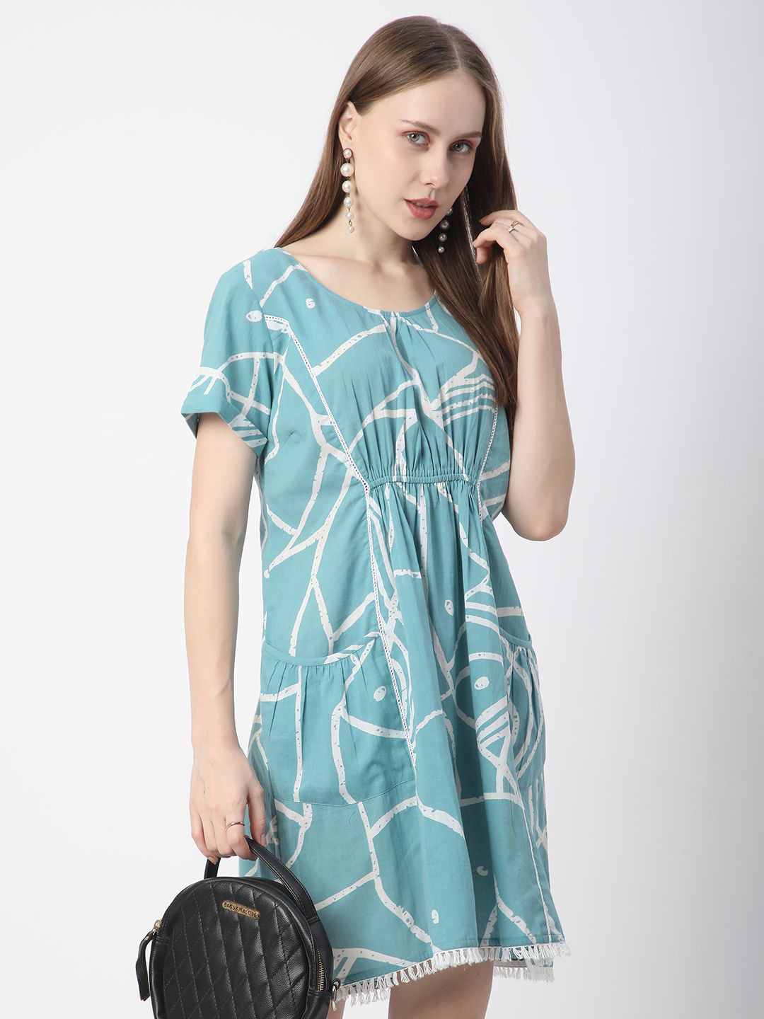 

R&B Printed Round Neck A-Line Dress, Blue