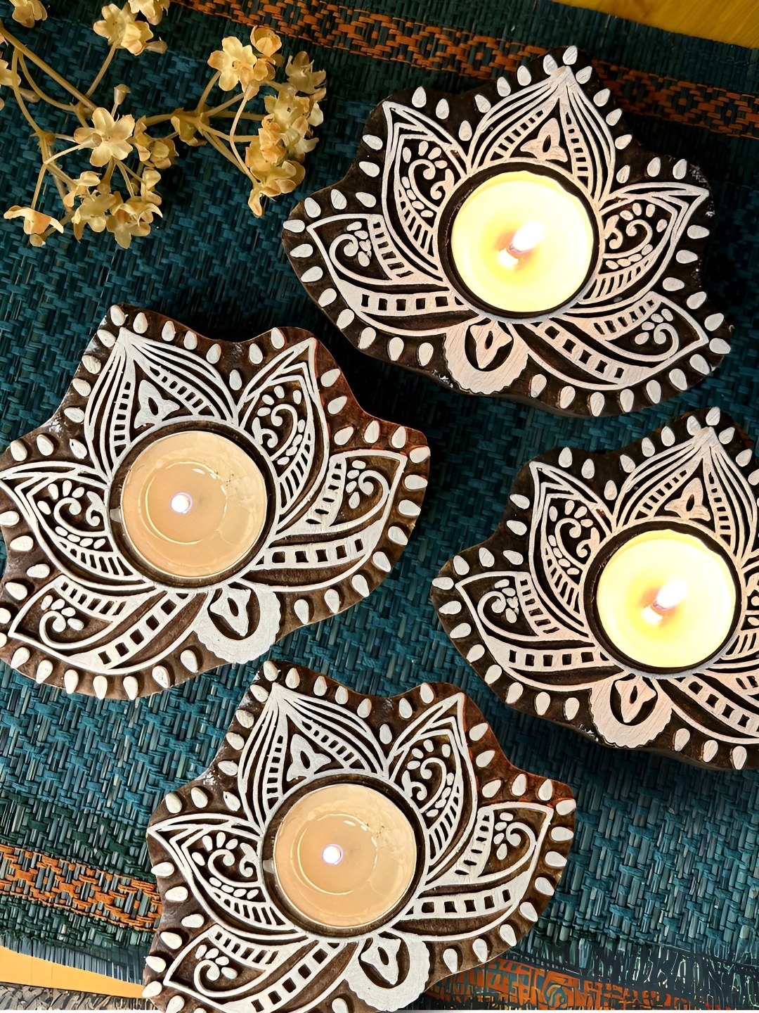 

Peepul Tree Brown & White 4 Pieces Textured Wooden Lotus Candle Holders