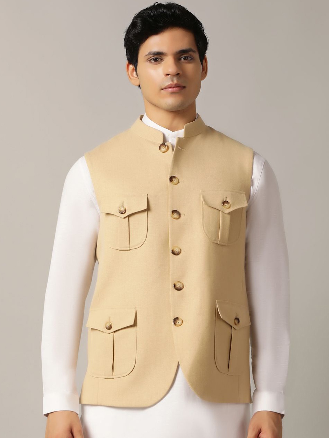 

MODI JACKET Men Tailored Jacket with Patchwork, Cream