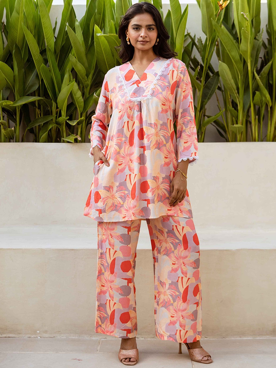 

HUKUM Floral Printed V-Neck Three-Quarter Sleeves Pure Silk Top With Palazzo, Off white