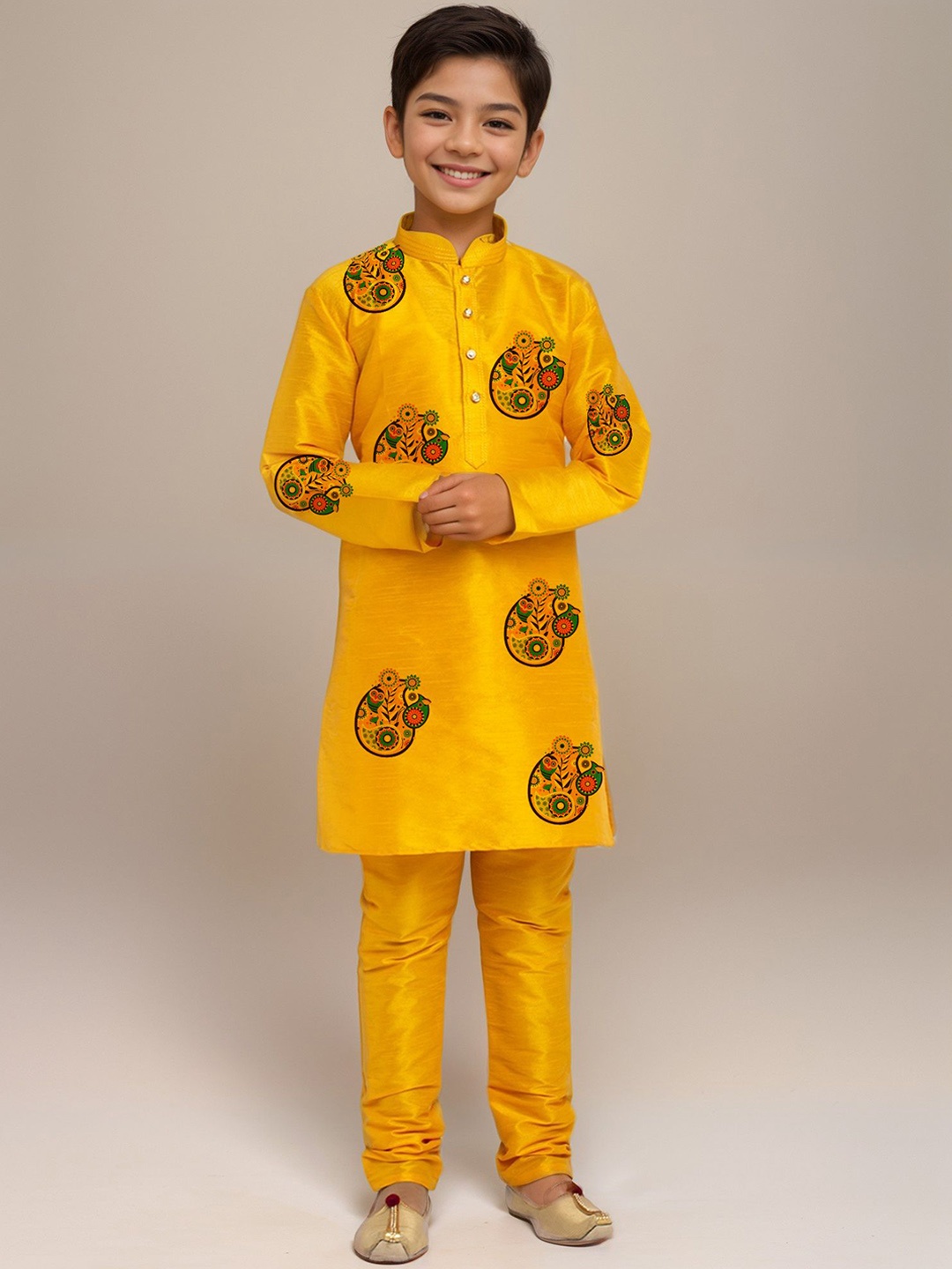 

DEVOILER Boys Floral Printed Mandarin Collar Straight Kurta, Mustard