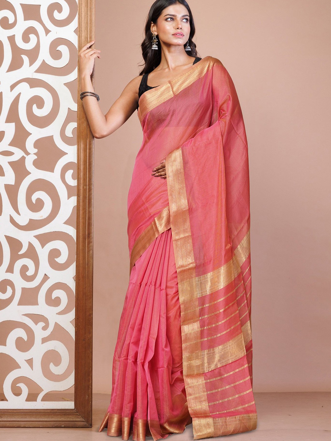 

Unnati Silks Woven Design Zari Handloom Maheshwari Saree, Pink