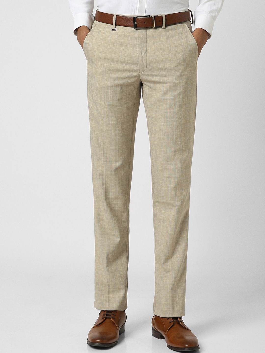 

Van Heusen Men Mid-Rise Checked Slim Fit Trousers, Beige