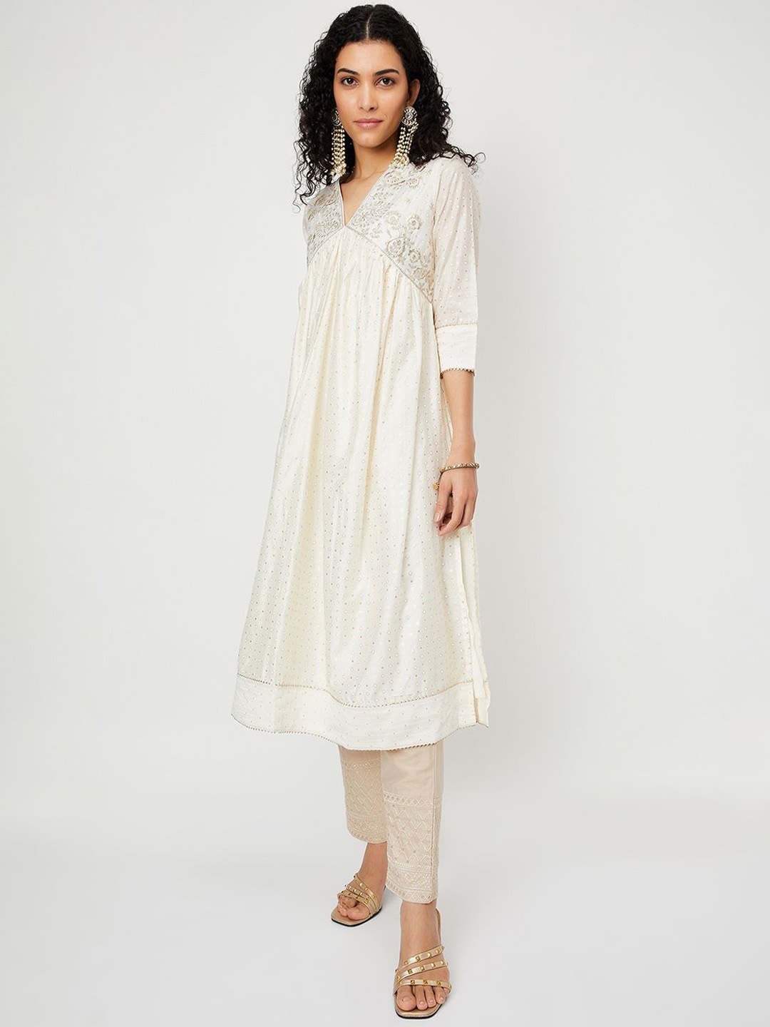 

max V-Neck Woven Design Thread Work Empire Chanderi Cotton A-Line Kurta, Off white