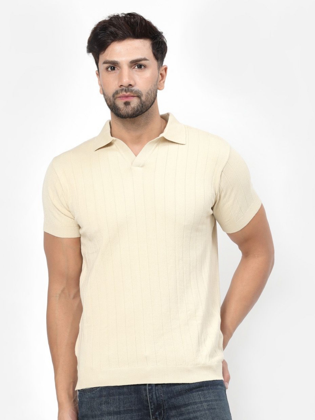 

Kalt Men Textured Knit Polo Collar T-Shirt, Cream