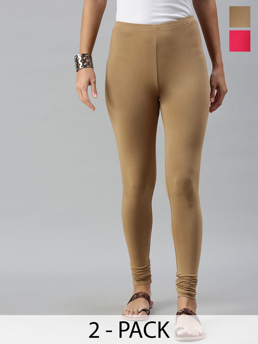 

De Moza Women Pack Of 2 Cotton Churidar-Length Leggings, Beige