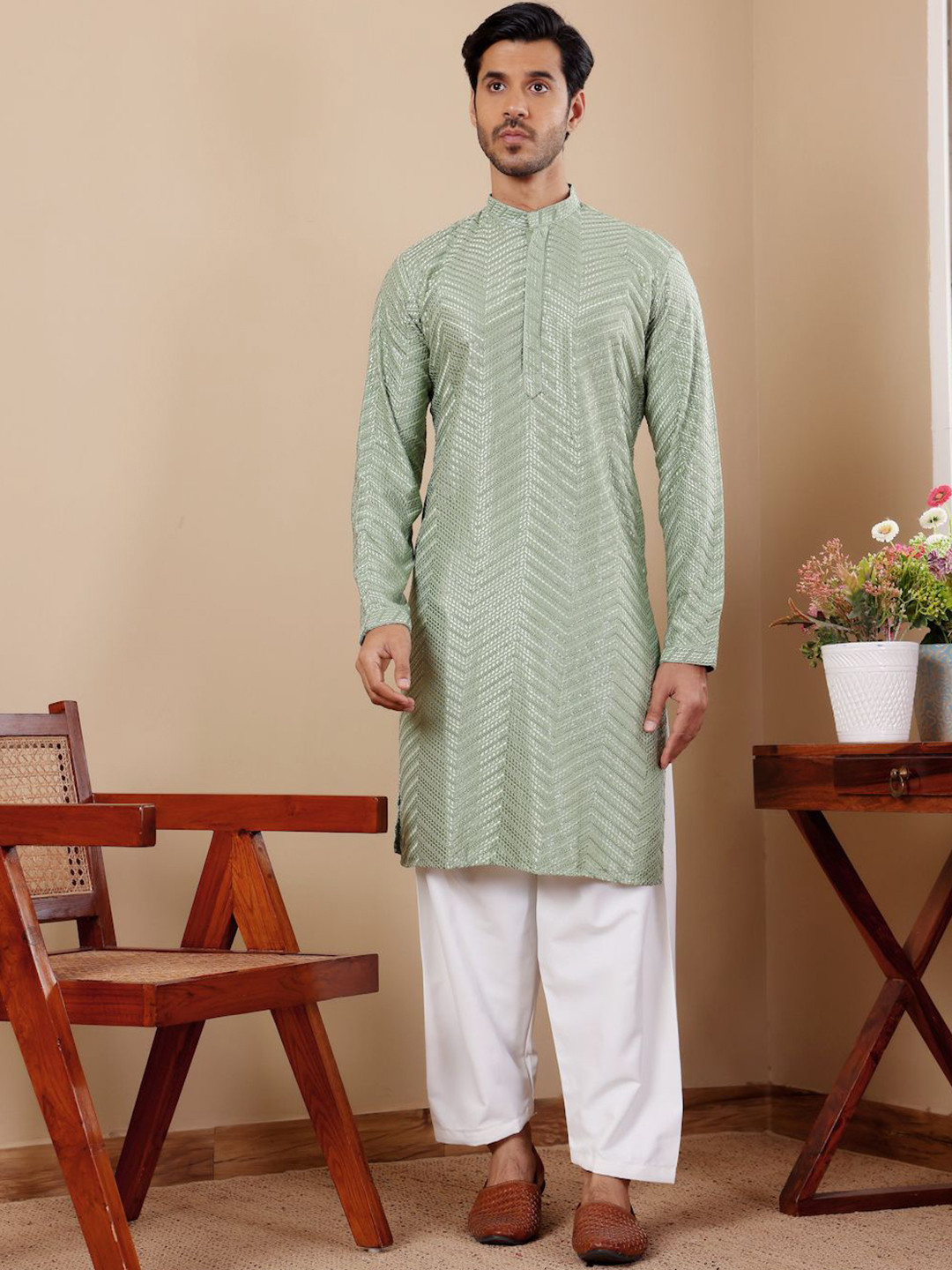 

Rawayi Geometric Embroidered Band Collar Sequins Straight Kurta, Green