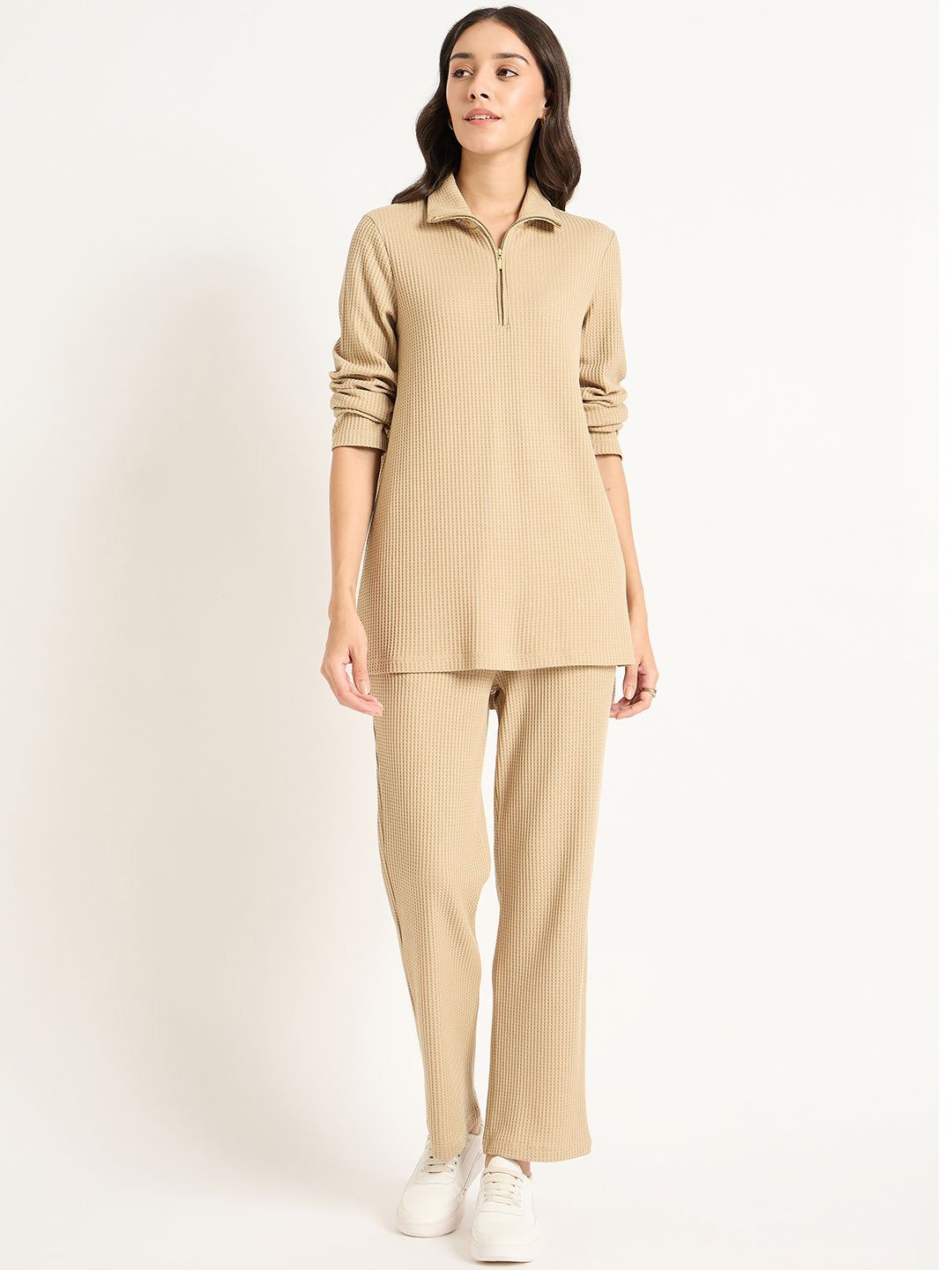 

FEMMELLA Self Design High Neck Top With Trousers, Beige