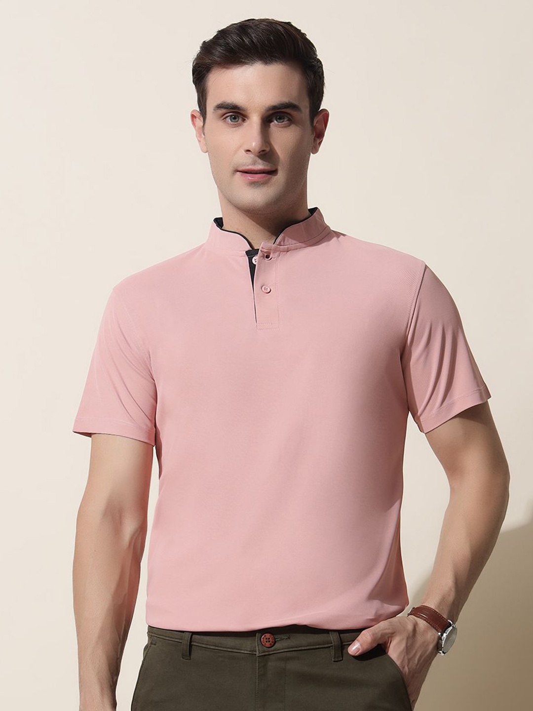 

MUWIN Men Mandarin Collar Pockets T-shirt, Pink