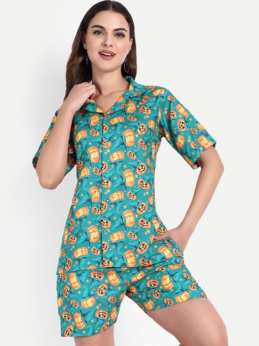 

TILISM Conversational Printed Pure Cotton Shirt with Shorts, Teal