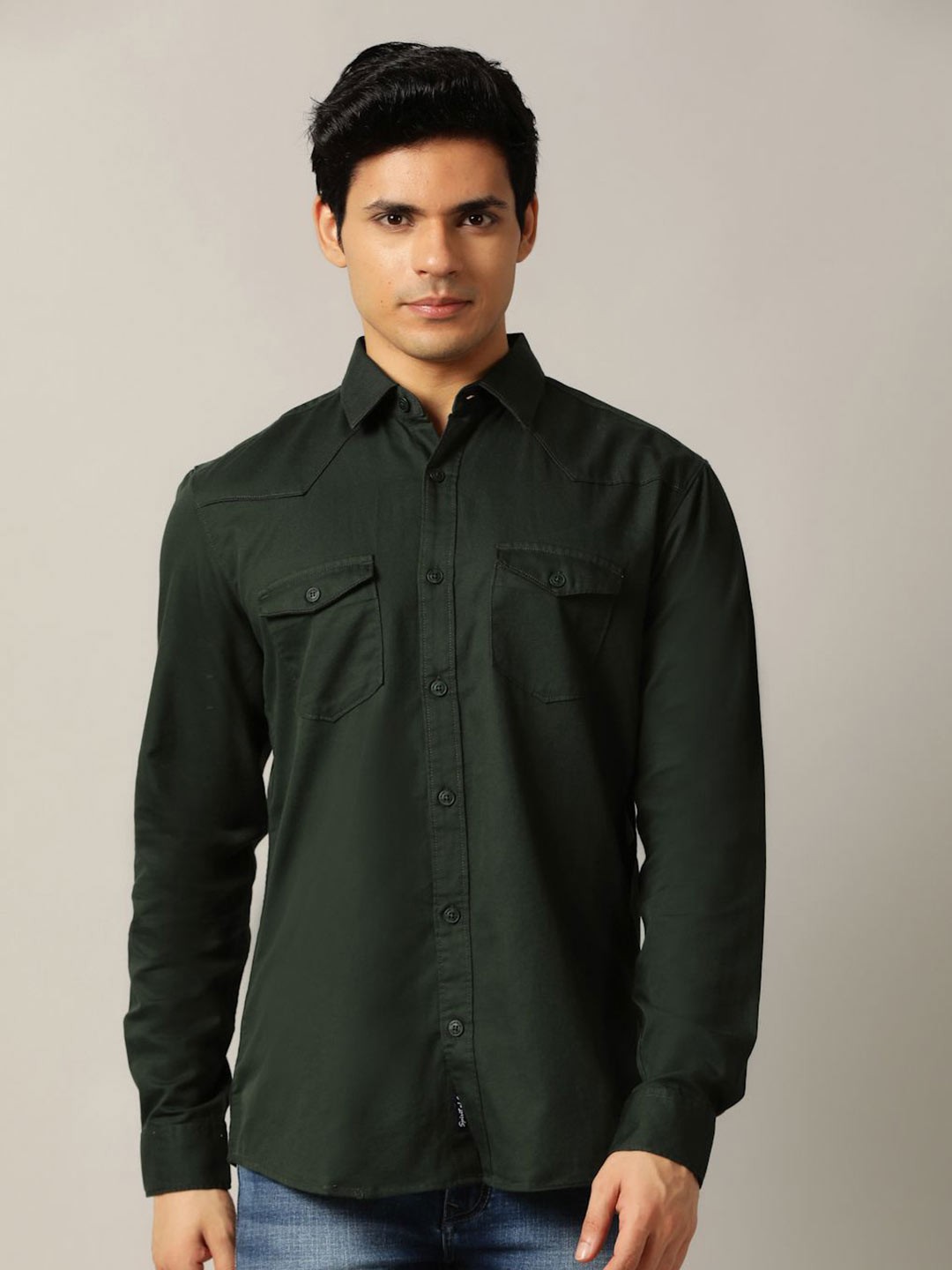 

JADE BLUE Men Spread Collar Solid Cotton Slim Fit Casual Shirt, Olive