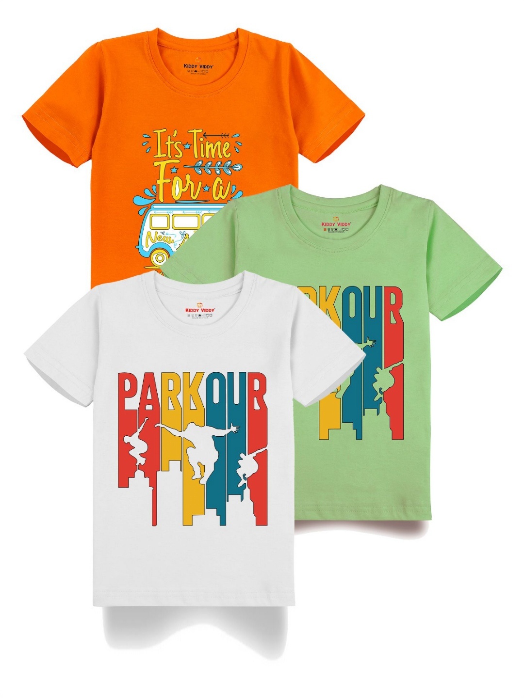 

Kiddy Viddy Boys Pack Of 3 Typography Printed Round Neck Cotton T-shirts, White