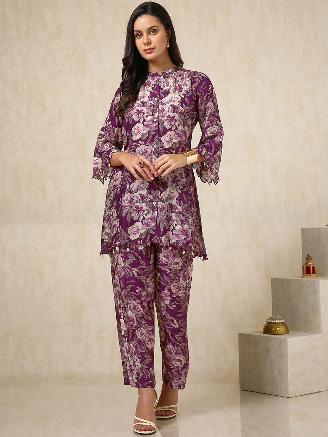 

Soch Purple Floral Printed Mandarin Collar Casual Shirt & Trousers