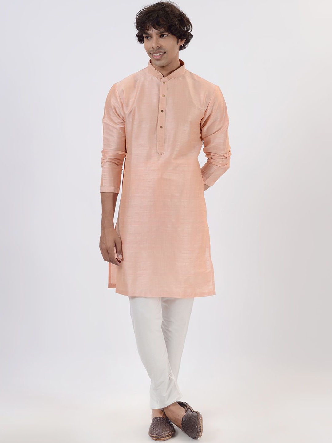 

azania Mandarin Collar Straight Kurta With Pyjamas, Peach