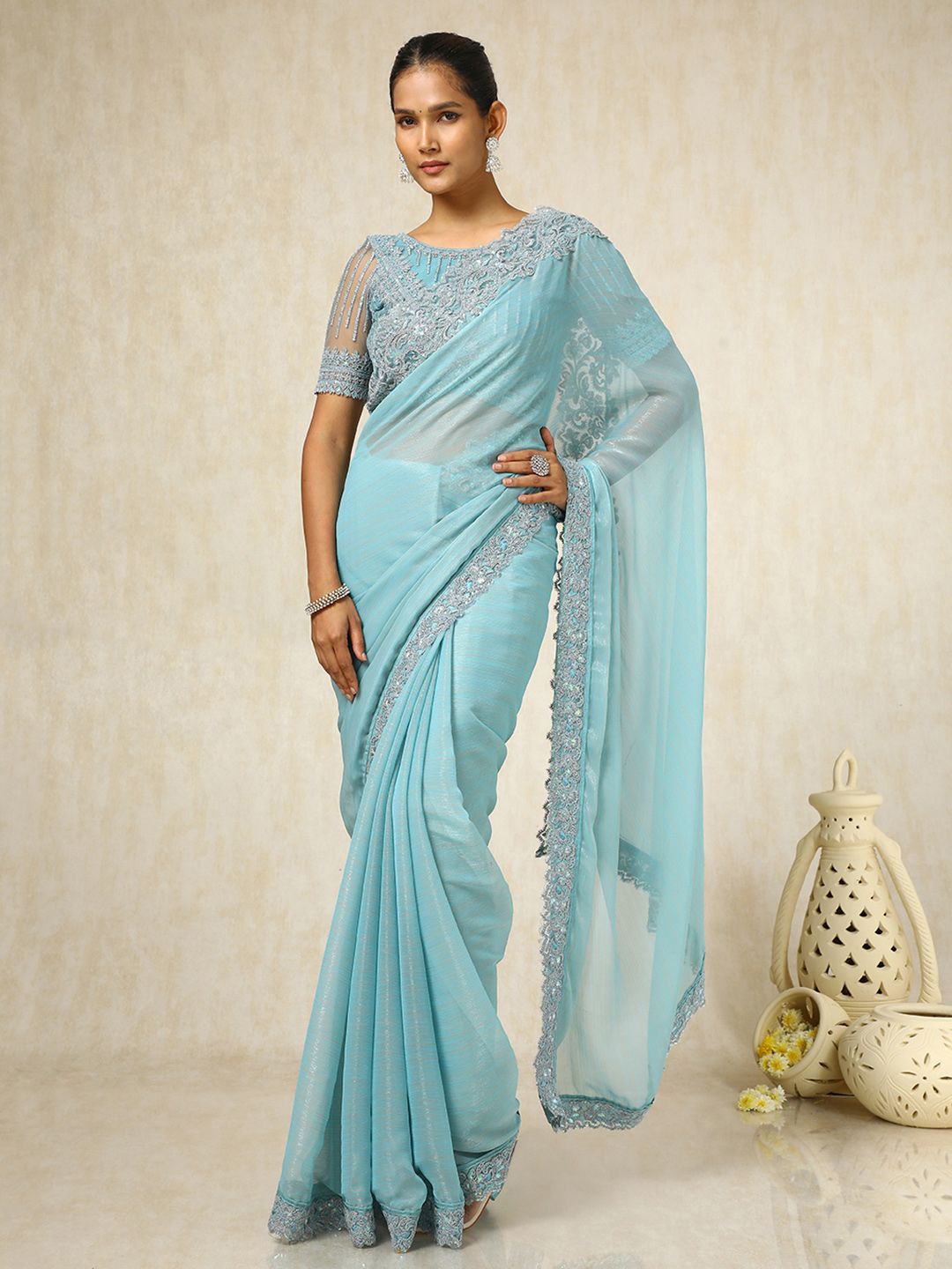 

Soch Striped Sequinned Pure Chiffon Saree, Blue