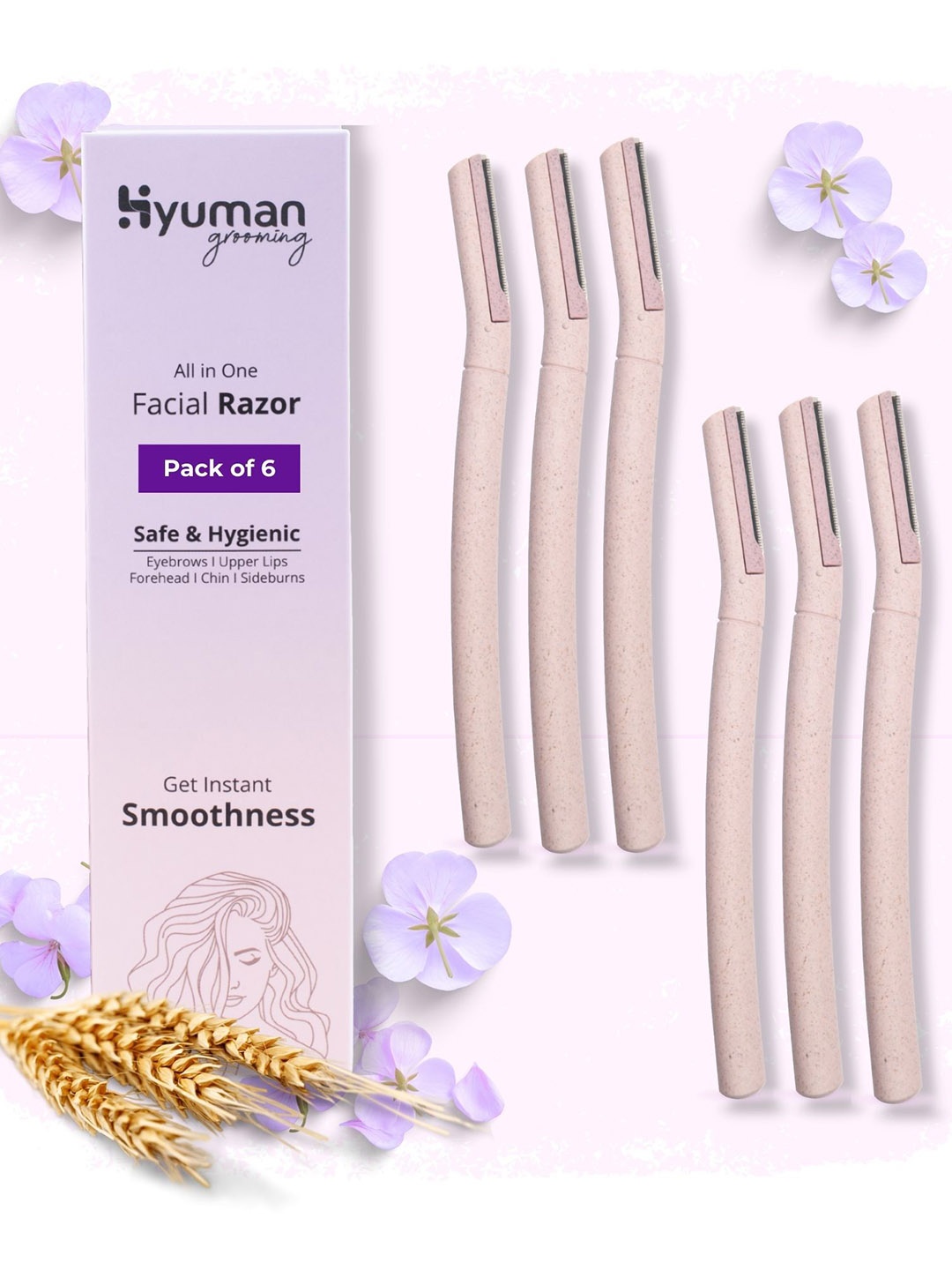 

HYUMAN Set Of 6 Stainless Steel Anti Slip Grip All In One Facial Razors, Pink