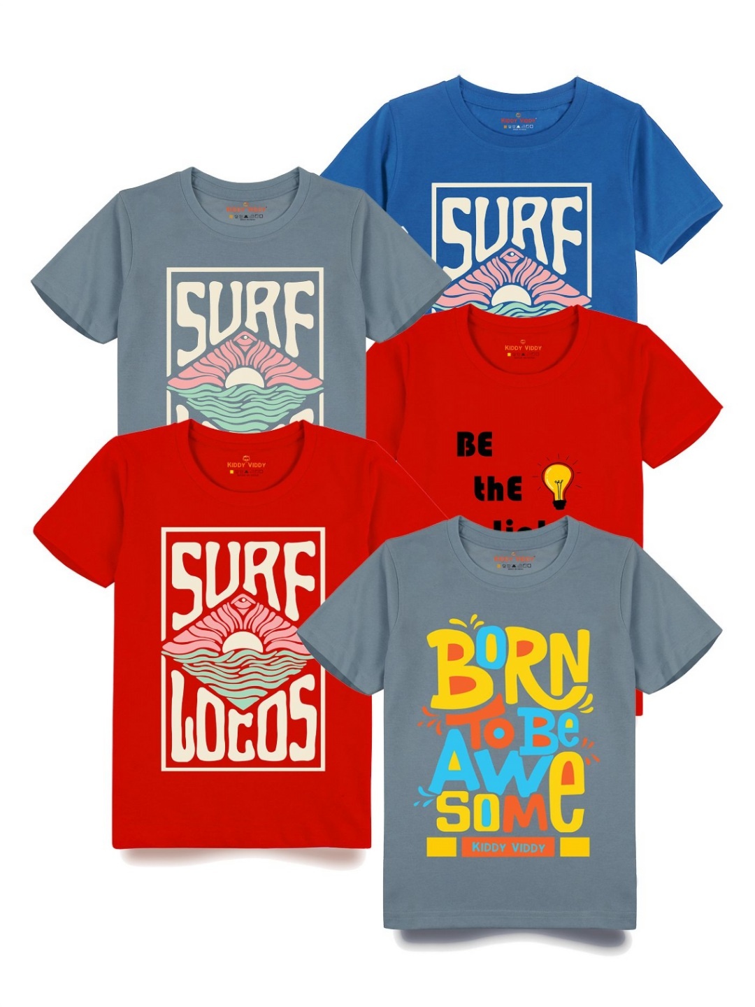 

Kiddy Viddy Boys Pack Of 5 Typography Printed Round Neck Cotton T-shirts, Red