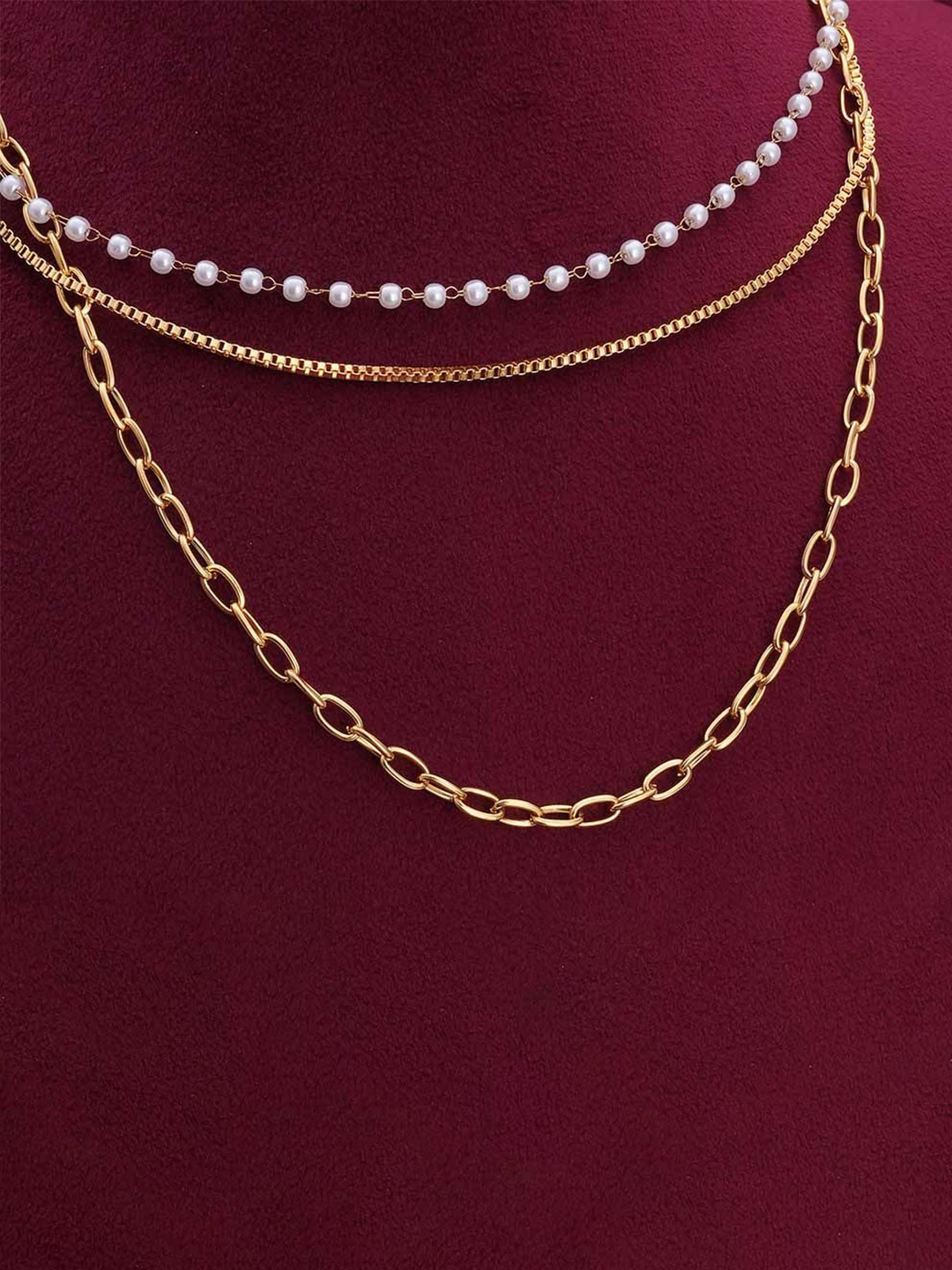 

PALMONAS Stainless Steel Gold-Plated Pearl Beaded Layered Necklace