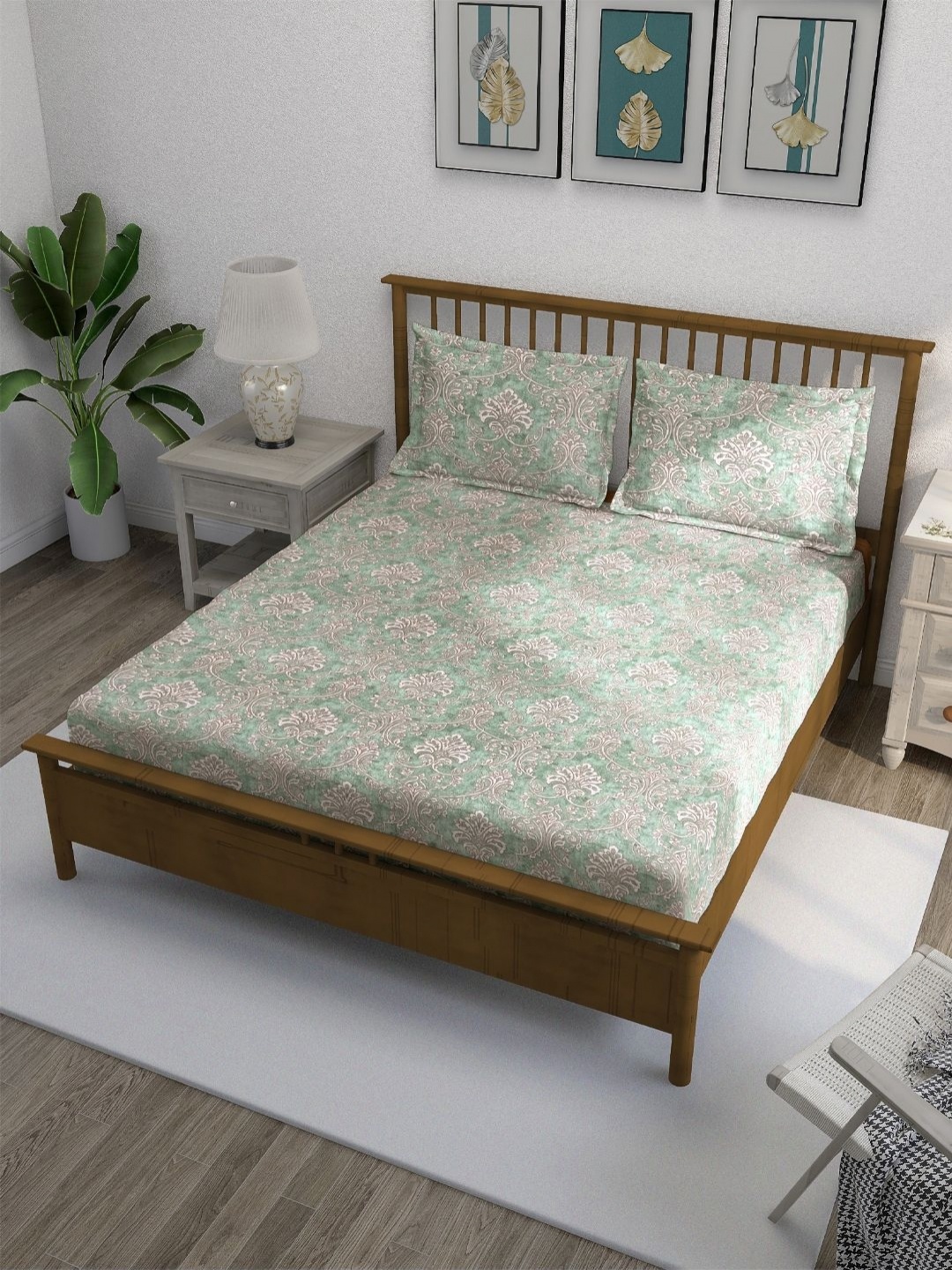 

SWAYAM Ananda Green Printed Pure Cotton 210 TC Fitted Queen Bedsheet Set 1.98 x 1.82m