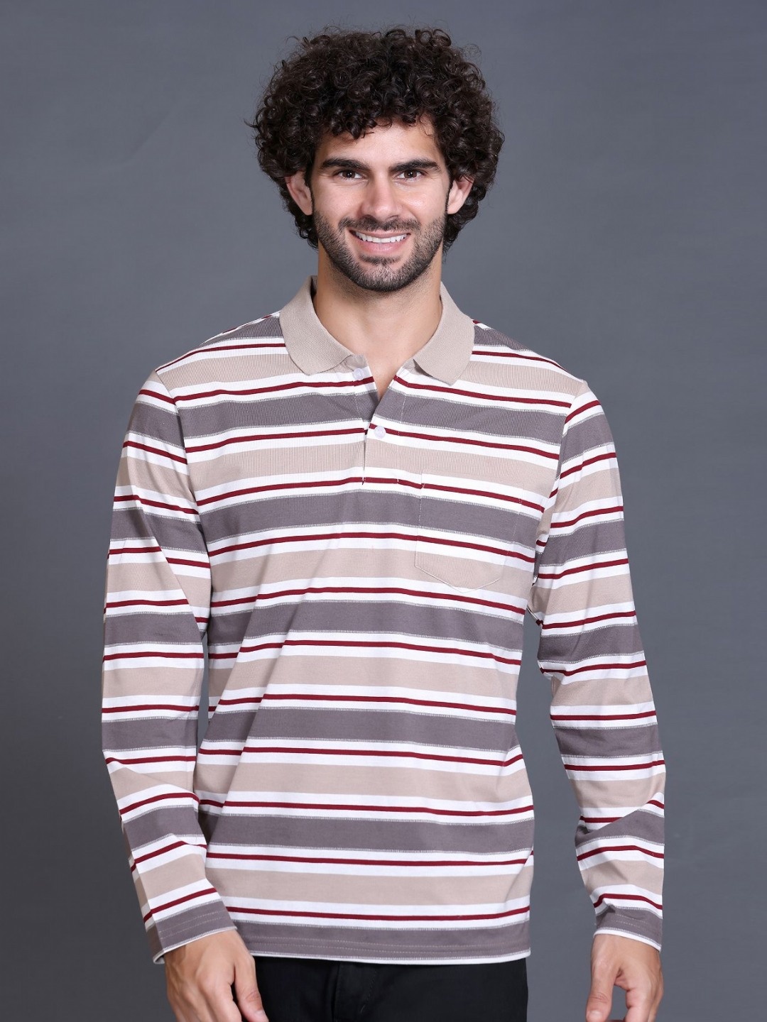 

GODFREY Men Striped Polo Collar Pockets T-shirt, Beige