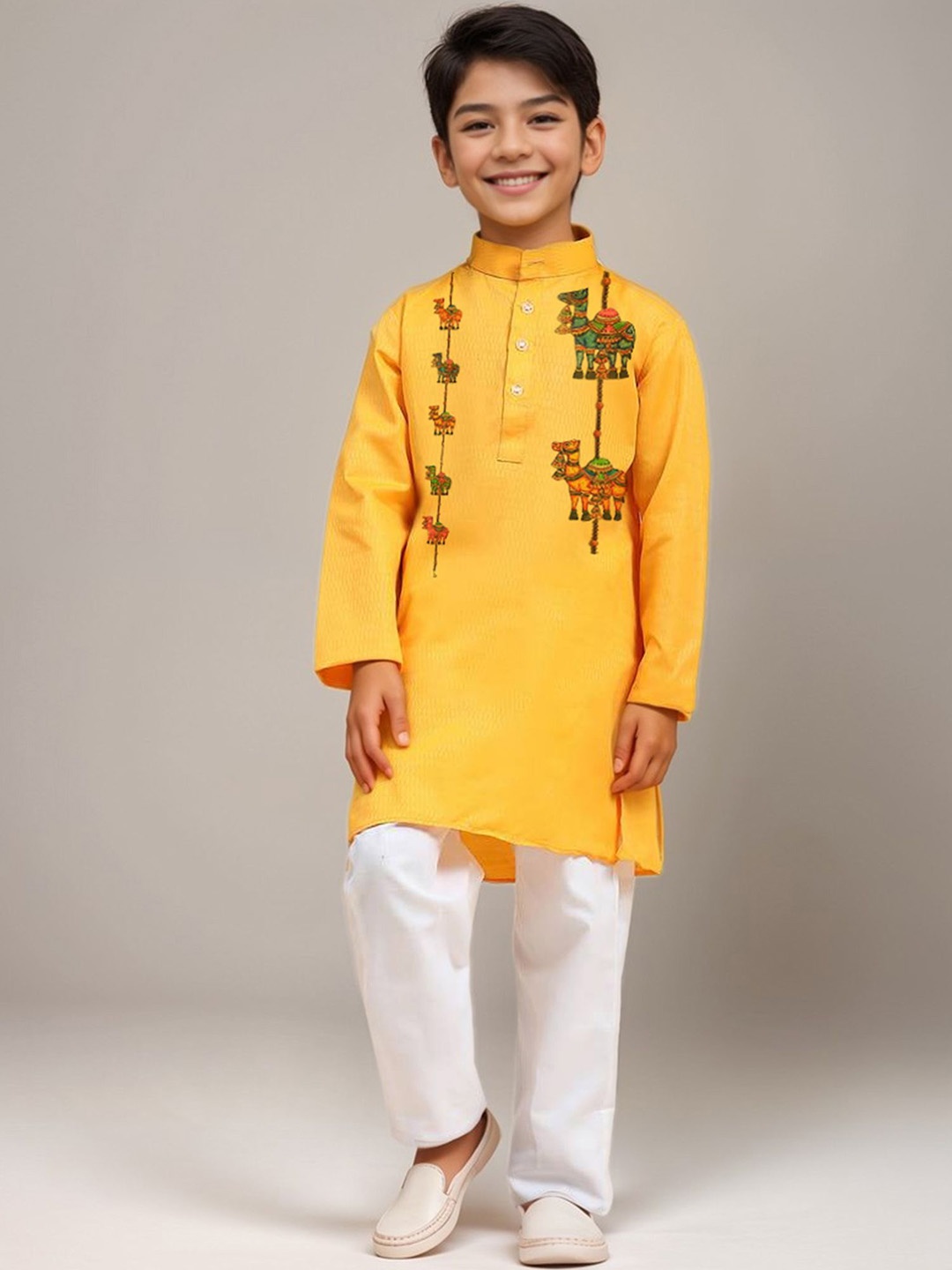 

DEVOILER Boys Animal Printed Mandarin Collar Cotton Straight Kurta, Yellow