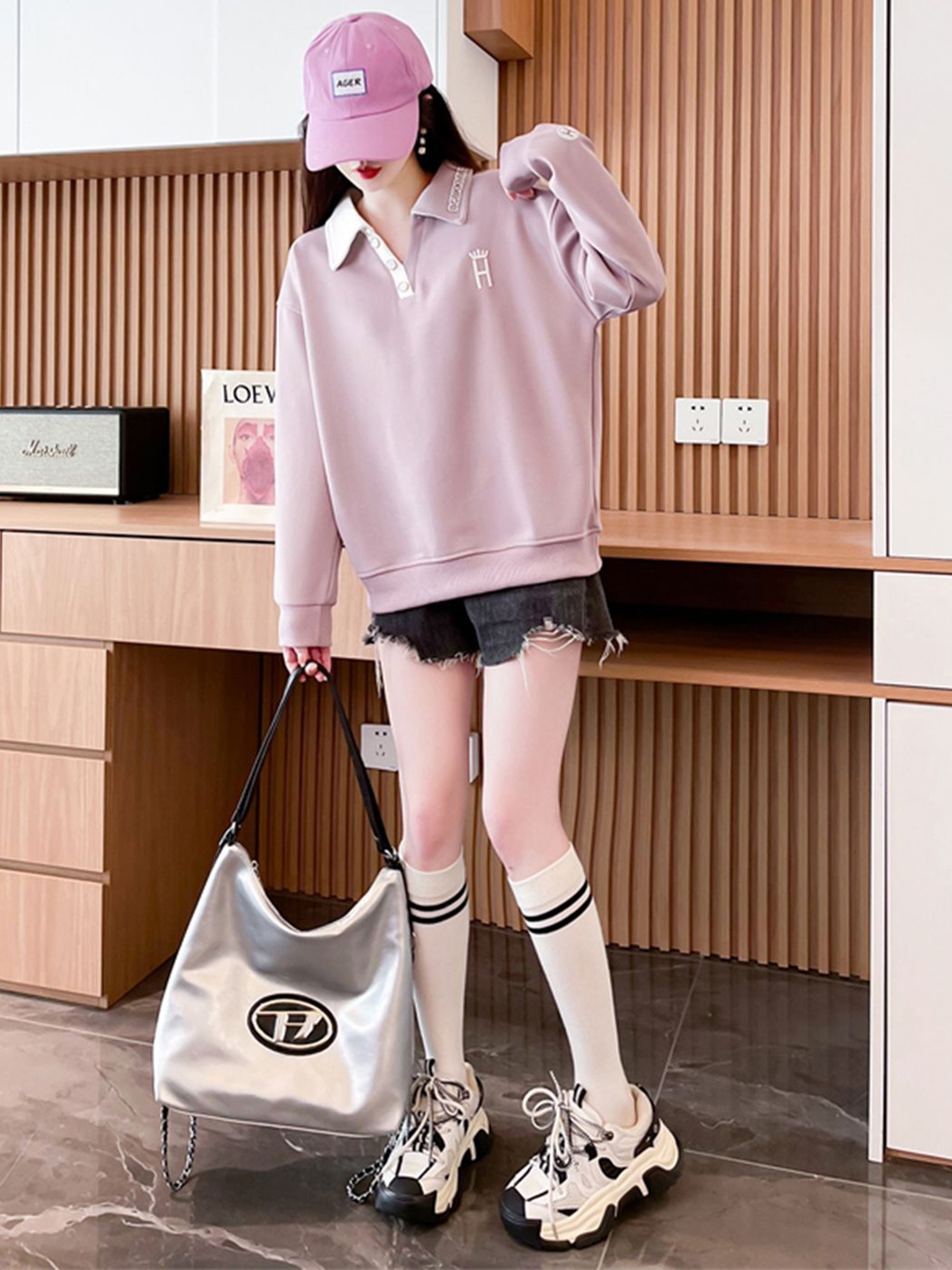 

JC Mode Women Shirt Collar Pullover Sweatshirt, Purple