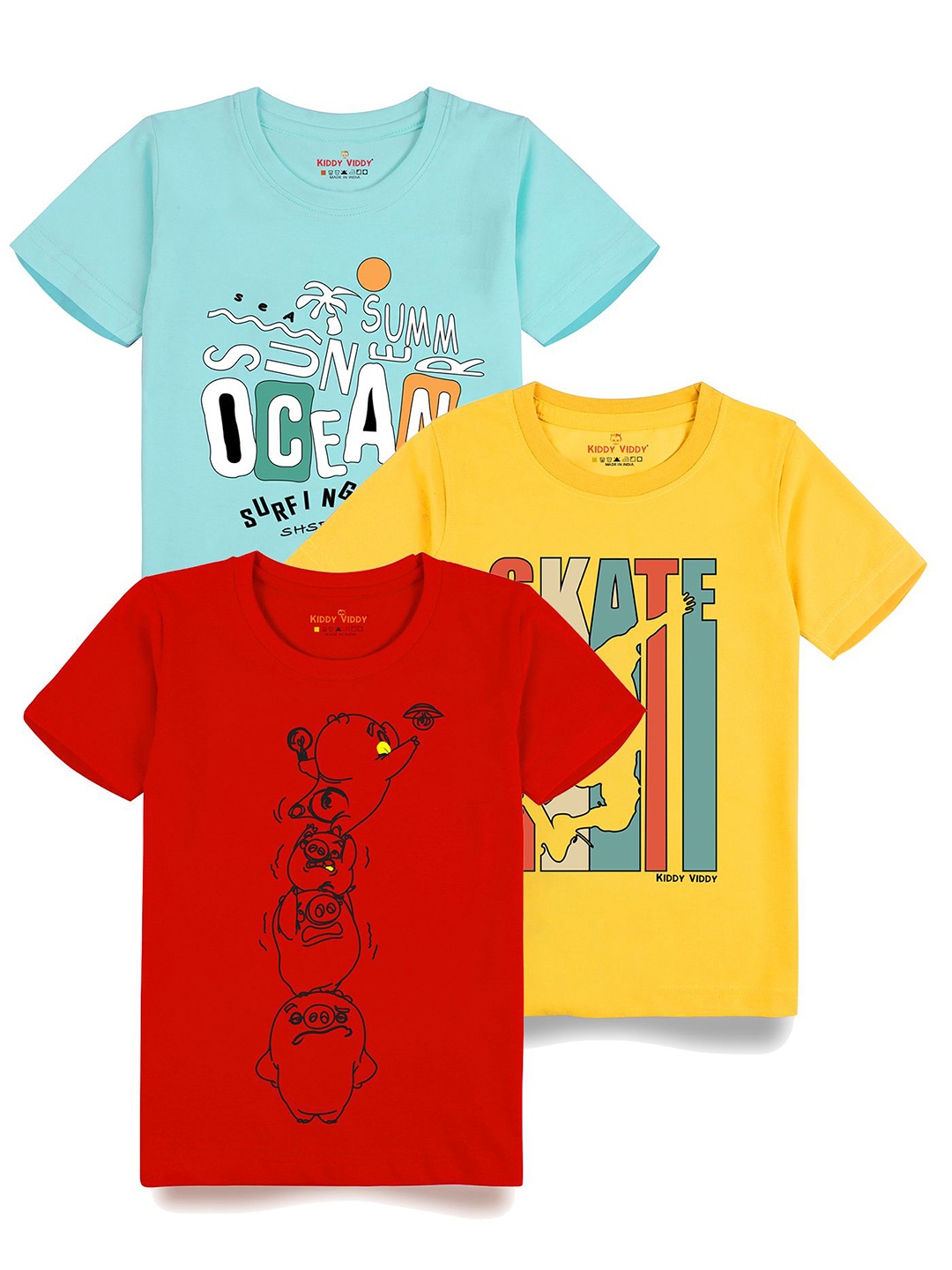 

Kiddy Viddy Boys Pack Of 3 Typography Printed Round Neck Cotton T-shirts, Red