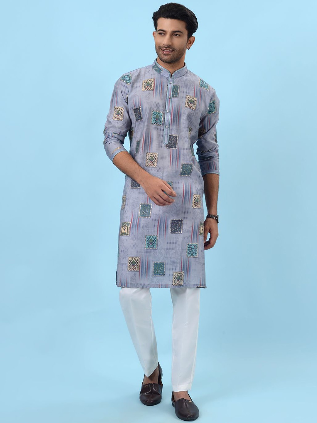 

azania Ethnic Motifs Printed Mandarin Collar Straight Kurta with Pyjama, Blue