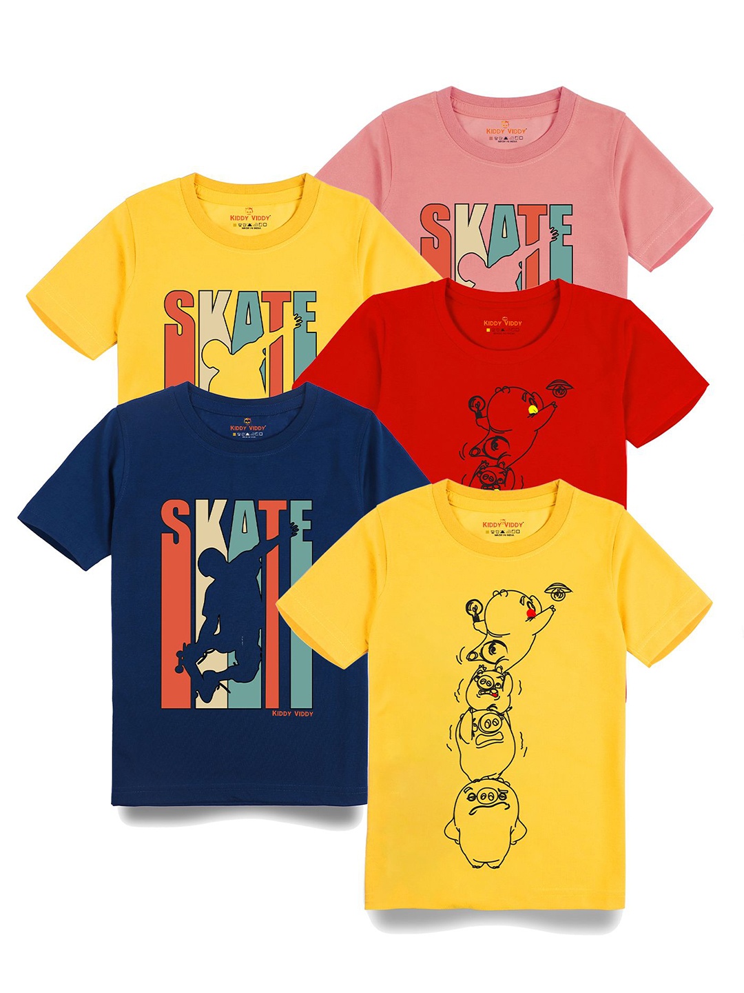 

Kiddy Viddy Boys Pack Of 5 Typography Printed Round Neck Cotton T-shirts, Red