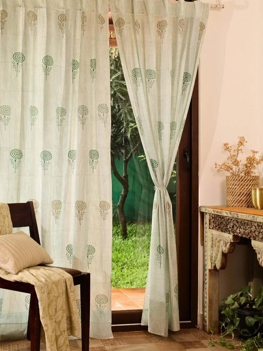 

Peepul Tree Marigold Teal Green 2 Pieces Floral Printed Sheer Door Curtains