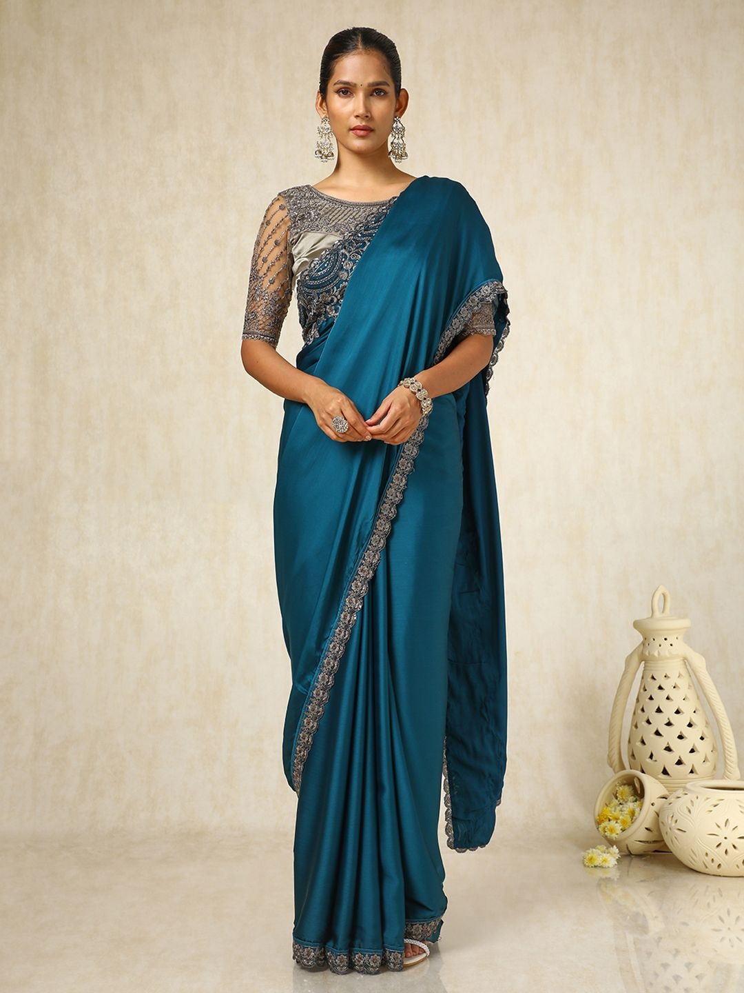 

Soch Sequinned Embroidered Pure Crepe Saree, Teal